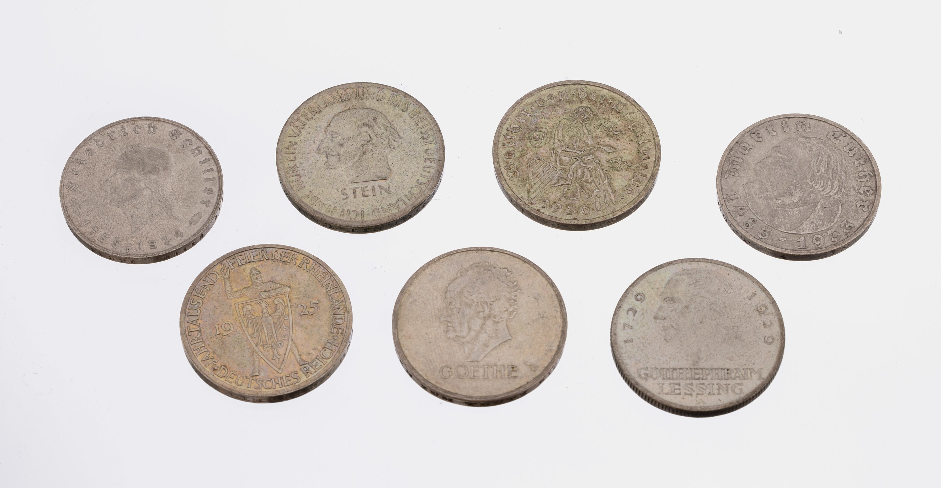 6 x 3 Mark Weimarer Republik, Vogelweide 1930, Stein 1931, Schiller 1934, Lessing 1929,Rheinland 1925, Goethe 1932 dazu 1 X 5 Mark Luther 1933