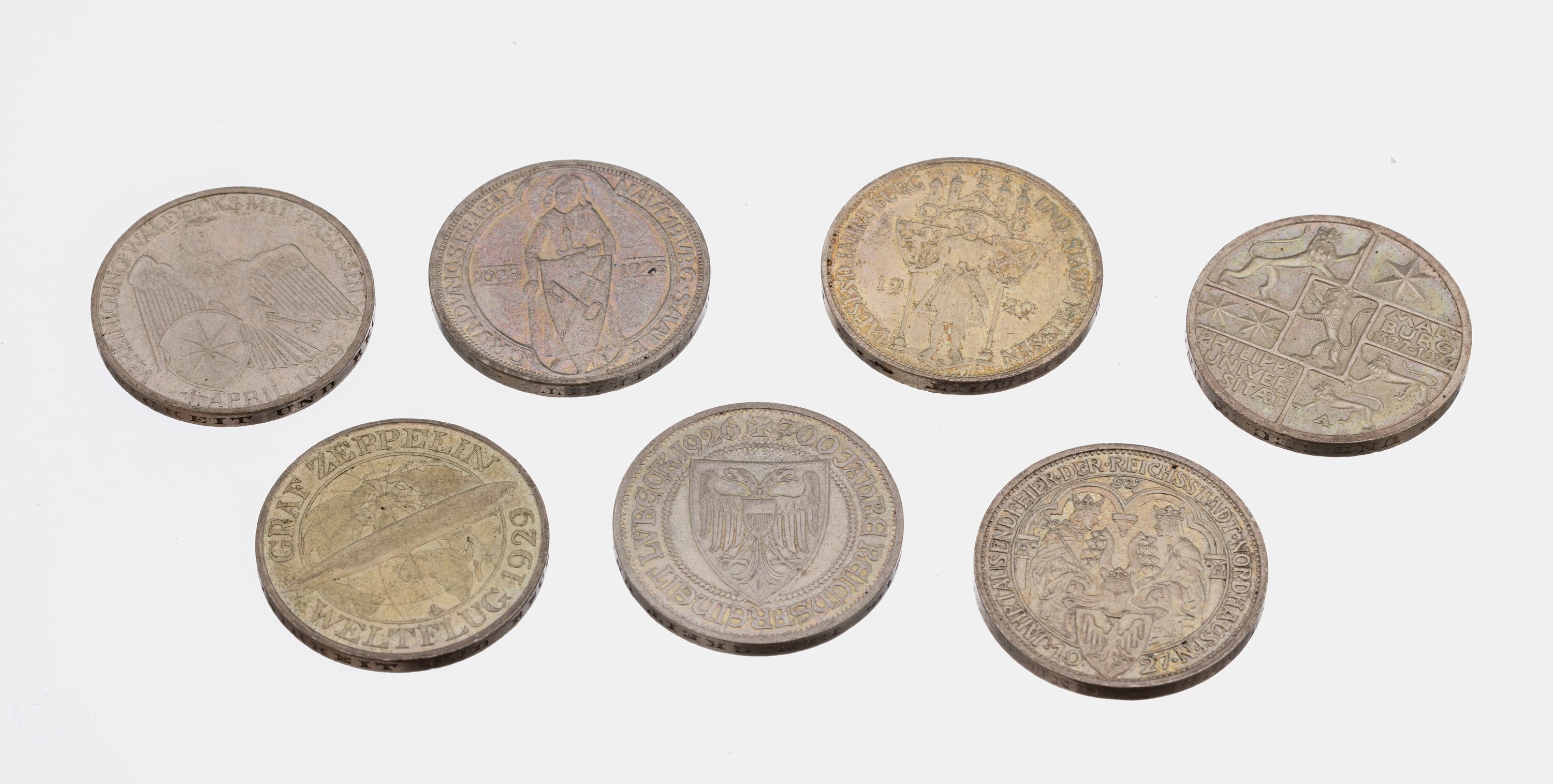 7 x 3 Mark Weimarer Republik, Meissen 1929, Marburg Saale 1928, Waldecks 1929, Nordhausen 1927, Lübeck 1926, Zeppelin 1929, Marburg 1927