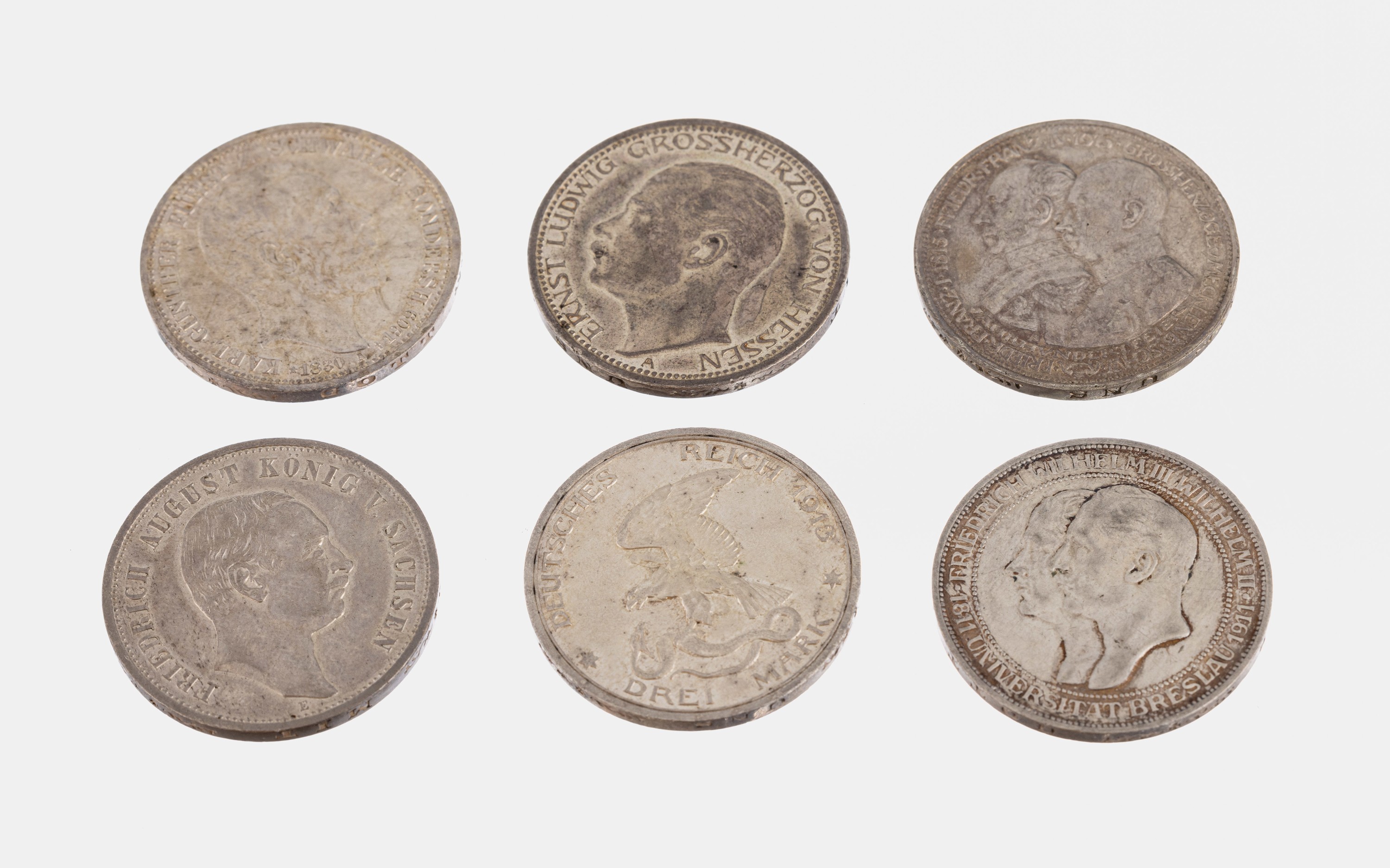 6 x 3 Mark Deutsches Reich, Schwarzenberg Sonderhausen 1909, Hessen 1910, Mecklenburg Großherzöge 1915, Breslau 1911, Der König rief1913, Sachsen ...