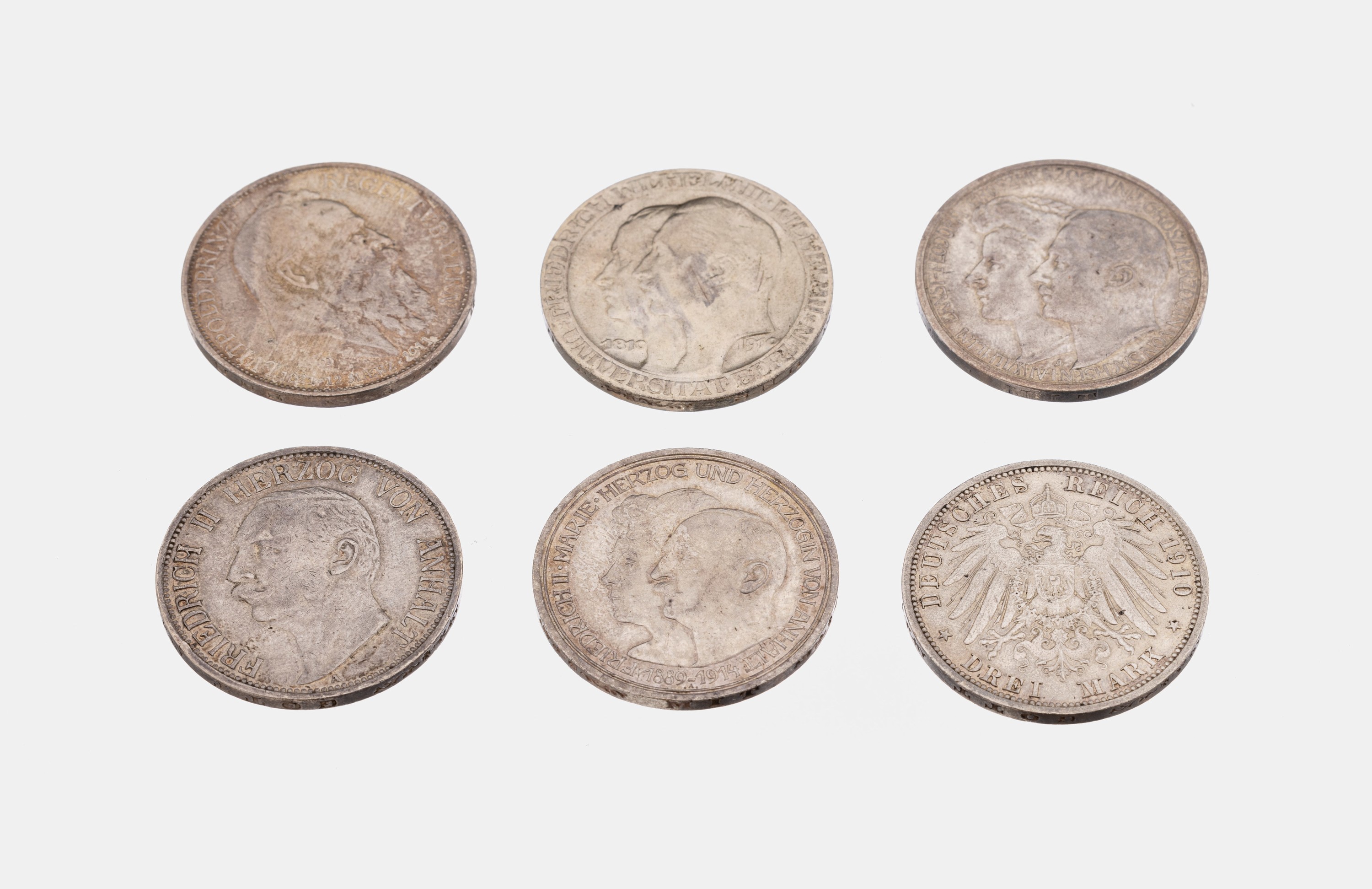6 x 3 Mark Deutsches Reich, Anhalt 1911, Anhalt 1889-1914, Universität Berlin 1910, Großherzogin & Großherzog von Sachsen 1910, Lübeck 1910, ...