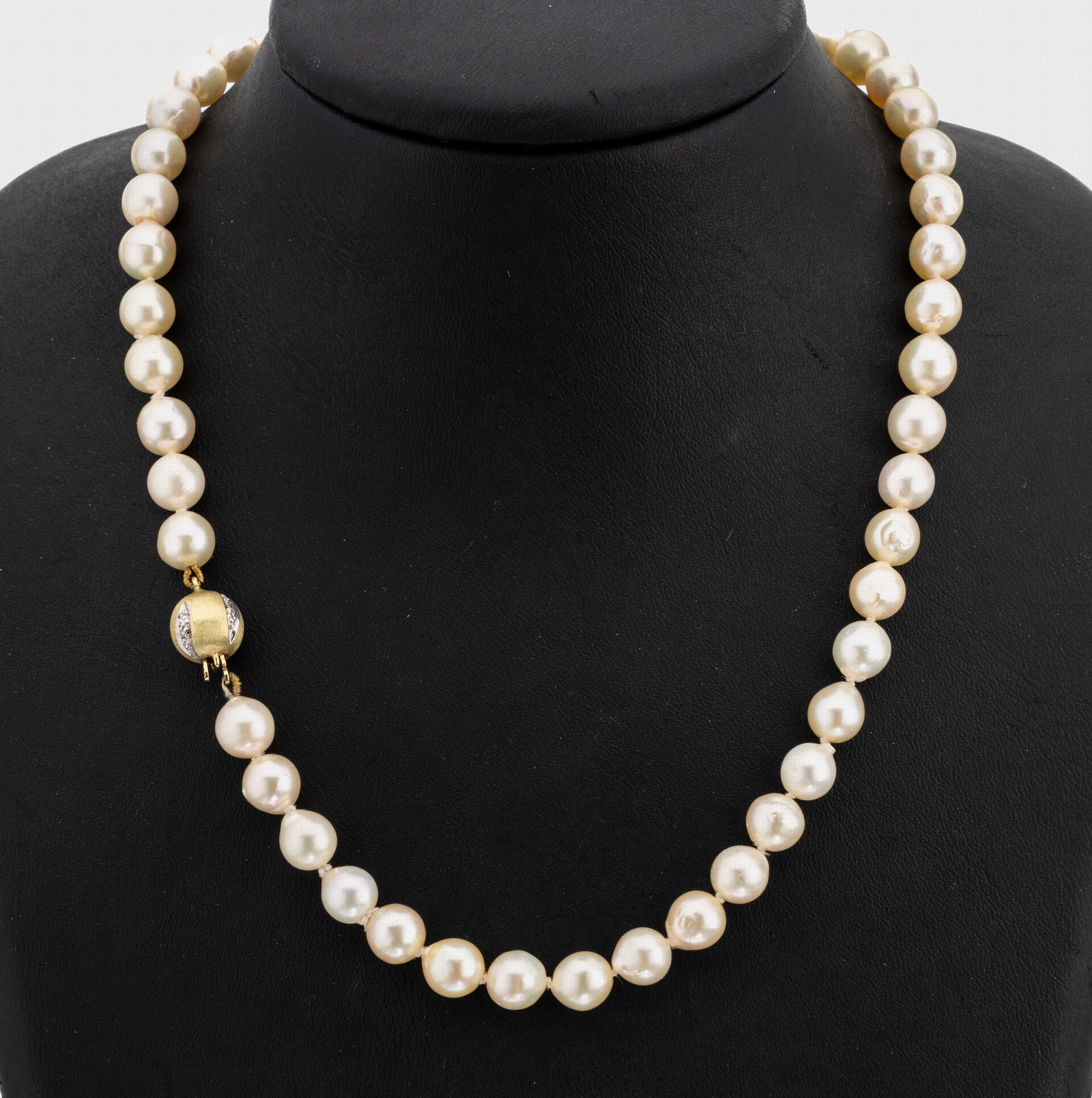 Zuchtperl-Collier mit 14 kt Gold Brillant- Schließe, GG/WG 585/000, cremefarb. Akoyazuchtperlen, D. ca. 8-8.3 mm, Brillanten zus. ca. 0.05 ct ...