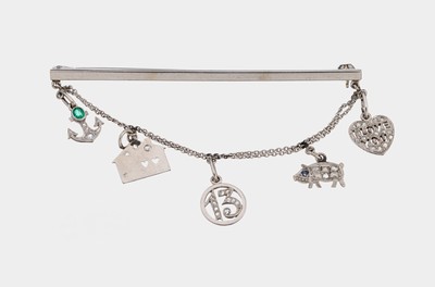 Image 26898825 - Ausgefallene 14 kt Gold Diamant-Smaragd- Stabbrosche, WG 585/000, Abhängungen aus ...