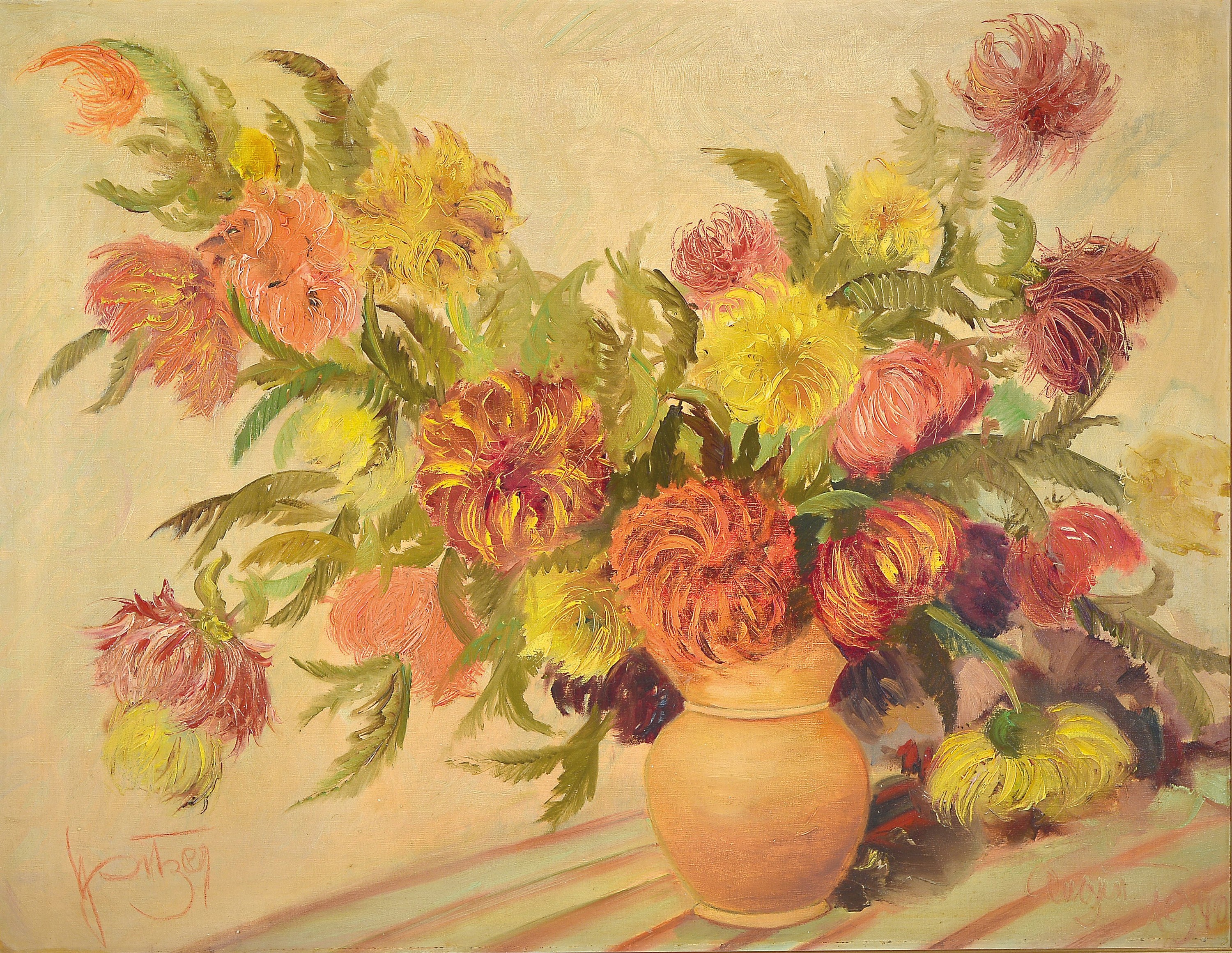 Karl Philipp Spitzer, 1887-1954 Speyer, Stillleben mit üppigen Blumen in Terrakotta- Vase auf gestreifter Tischdecke, Öl/Lwd, links unten signiert, ...