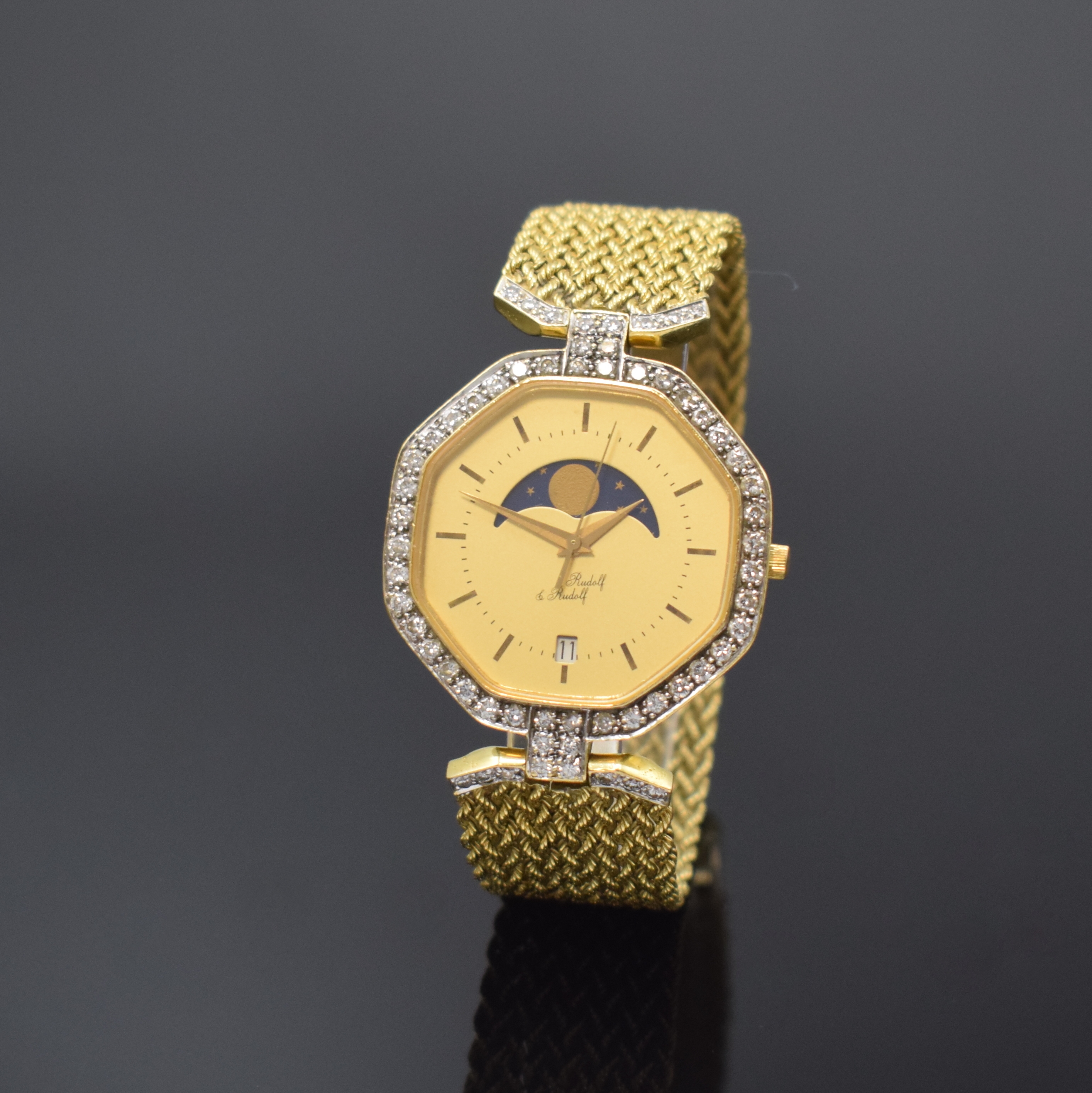 RUDOLF & RUDOLF ausgefallene, astronomische Armbanduhr in GG 750/000 mit Diamanten, Schweiz / Deutschland um 1980, quarz, octagonales Geh. wie ...