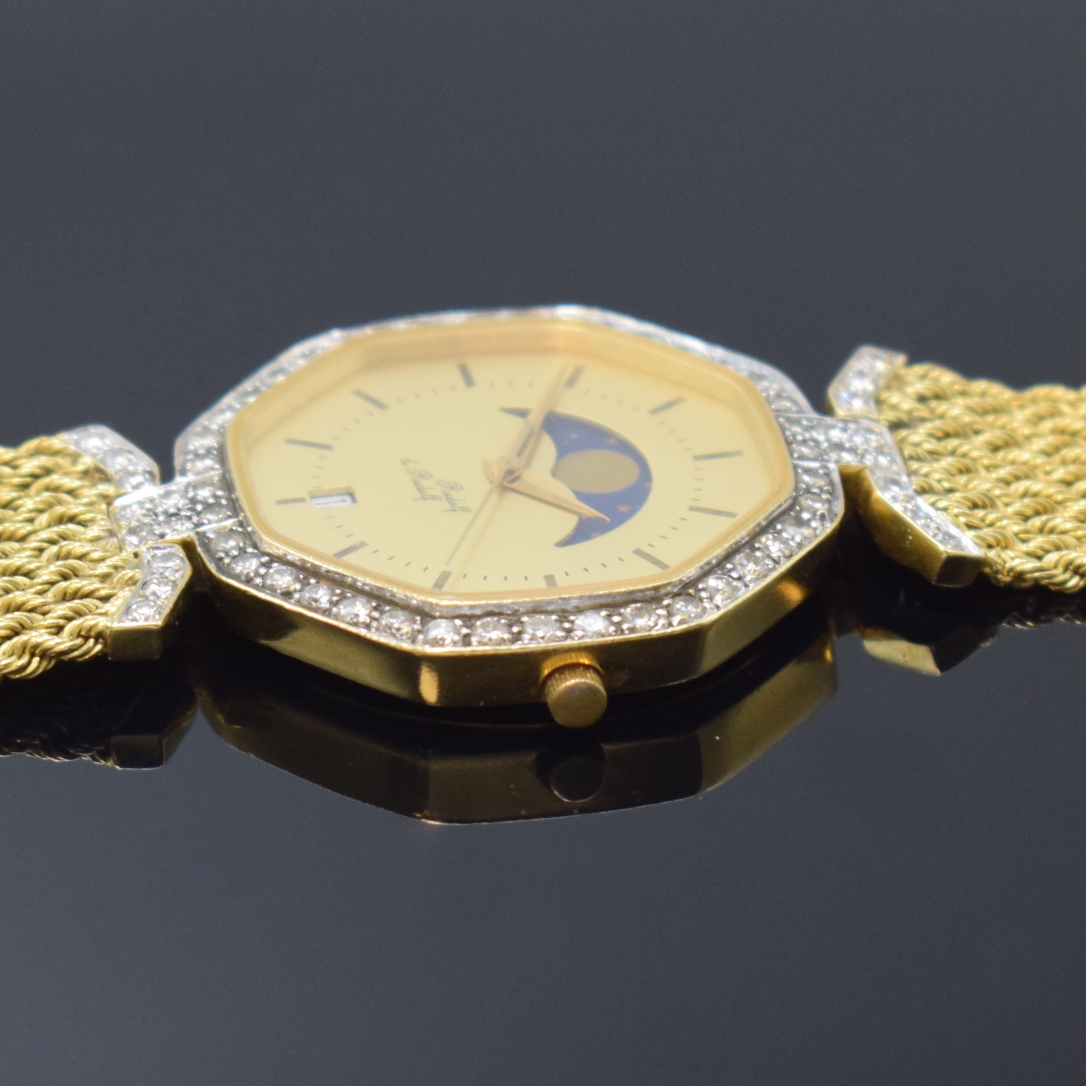 Detail c: RUDOLF & RUDOLF ausgefallene, astronomische Armbanduhr in GG 750/000 mit Diamanten, Schweiz / Deutschland um 1980, quarz, octagonales Geh. wie ...