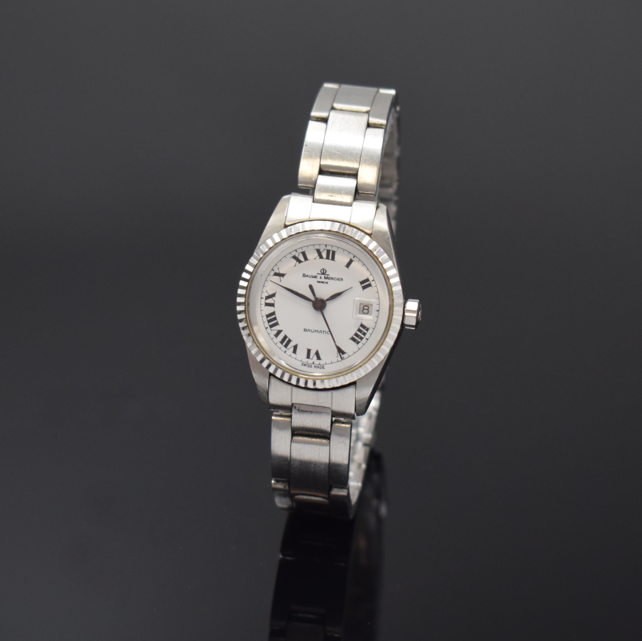 BAUME & MERCIER Baumatic Damenarmbanduhr in Stahl Referenz 1215 2, Schweiz um 1985, Automatik, orig. Gliederband m. Faltschl., Boden verschr., ...