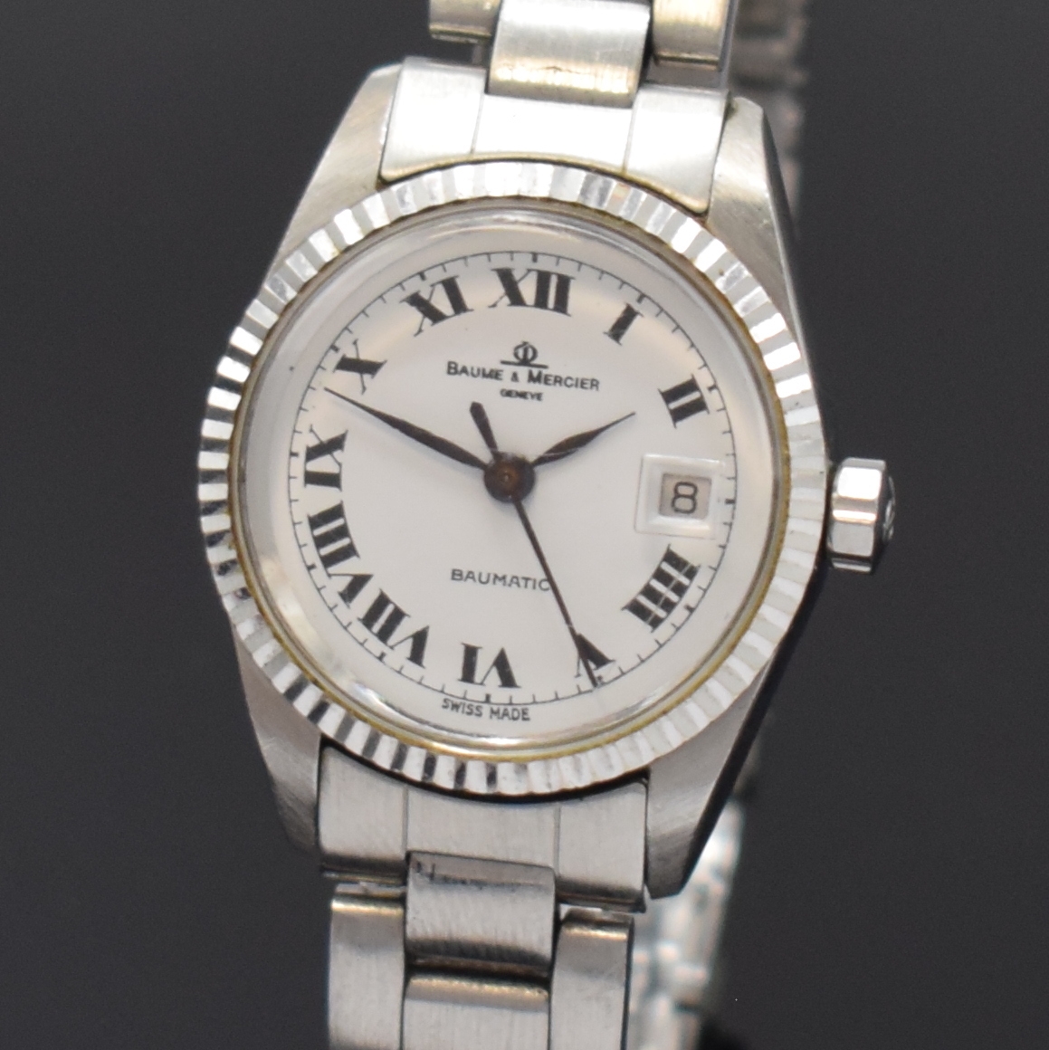 Detail a: BAUME & MERCIER Baumatic Damenarmbanduhr in Stahl Referenz 1215 2, Schweiz um 1985, Automatik, orig. Gliederband m. Faltschl., Boden verschr., ...