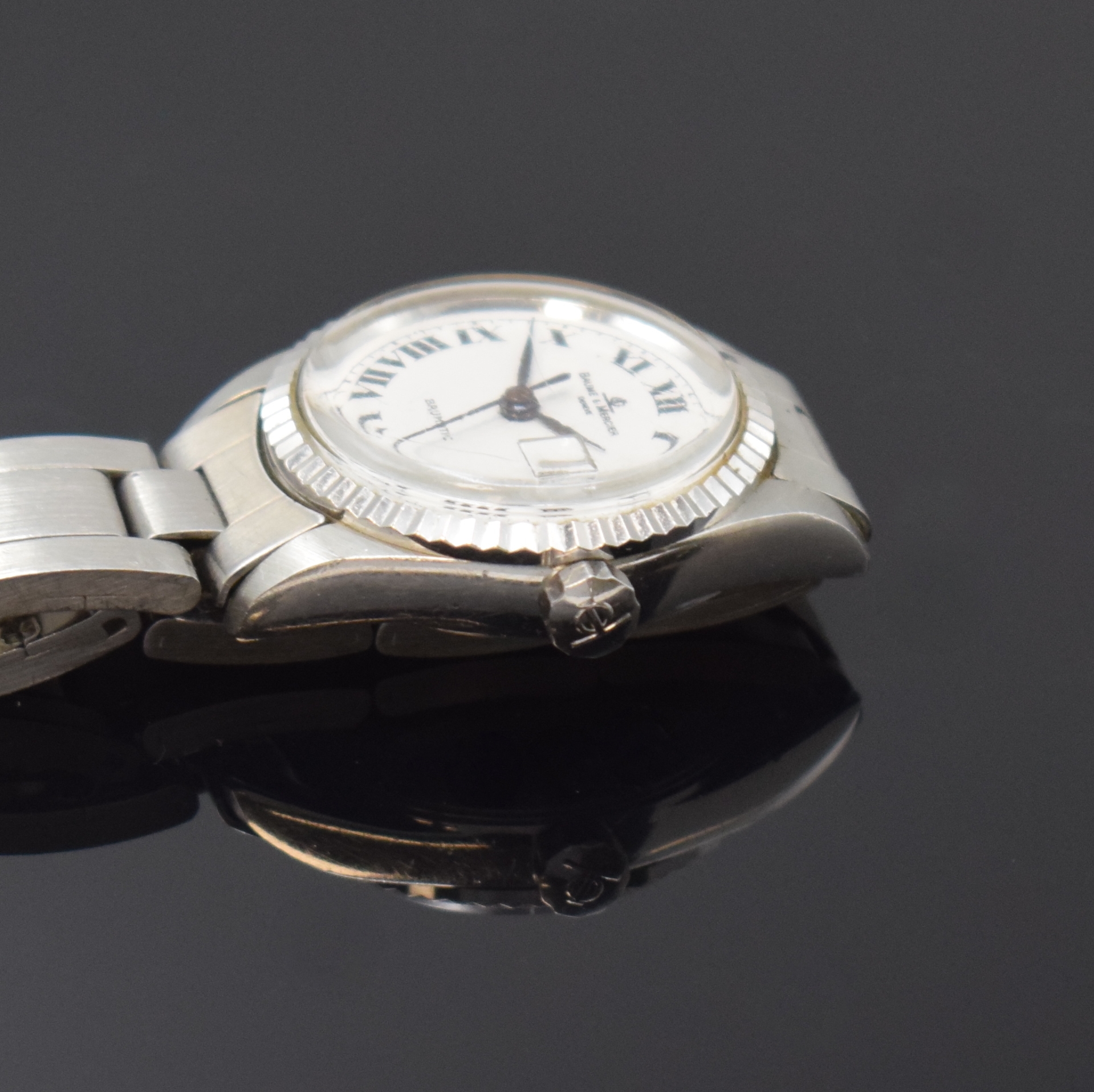 Detail c: BAUME & MERCIER Baumatic Damenarmbanduhr in Stahl Referenz 1215 2, Schweiz um 1985, Automatik, orig. Gliederband m. Faltschl., Boden verschr., ...