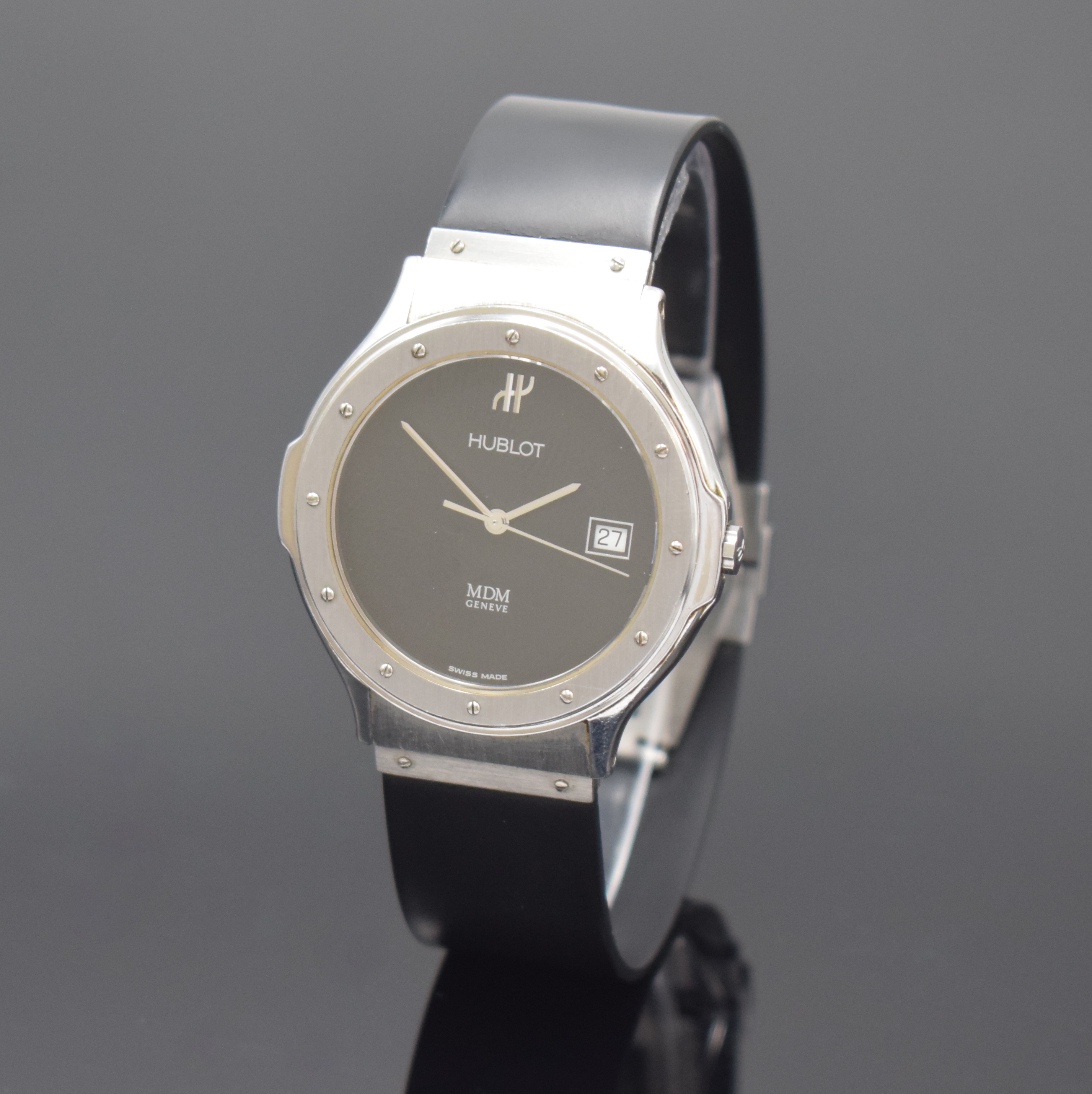 HUBLOT MDM Herrenarmbanduhr Referenz 1521.1, Schweiz um 1992, quarz, Edelstahlgeh. inkl. Kautschukband m. dopp. Faltschl., Boden 6-fach verschr., ...