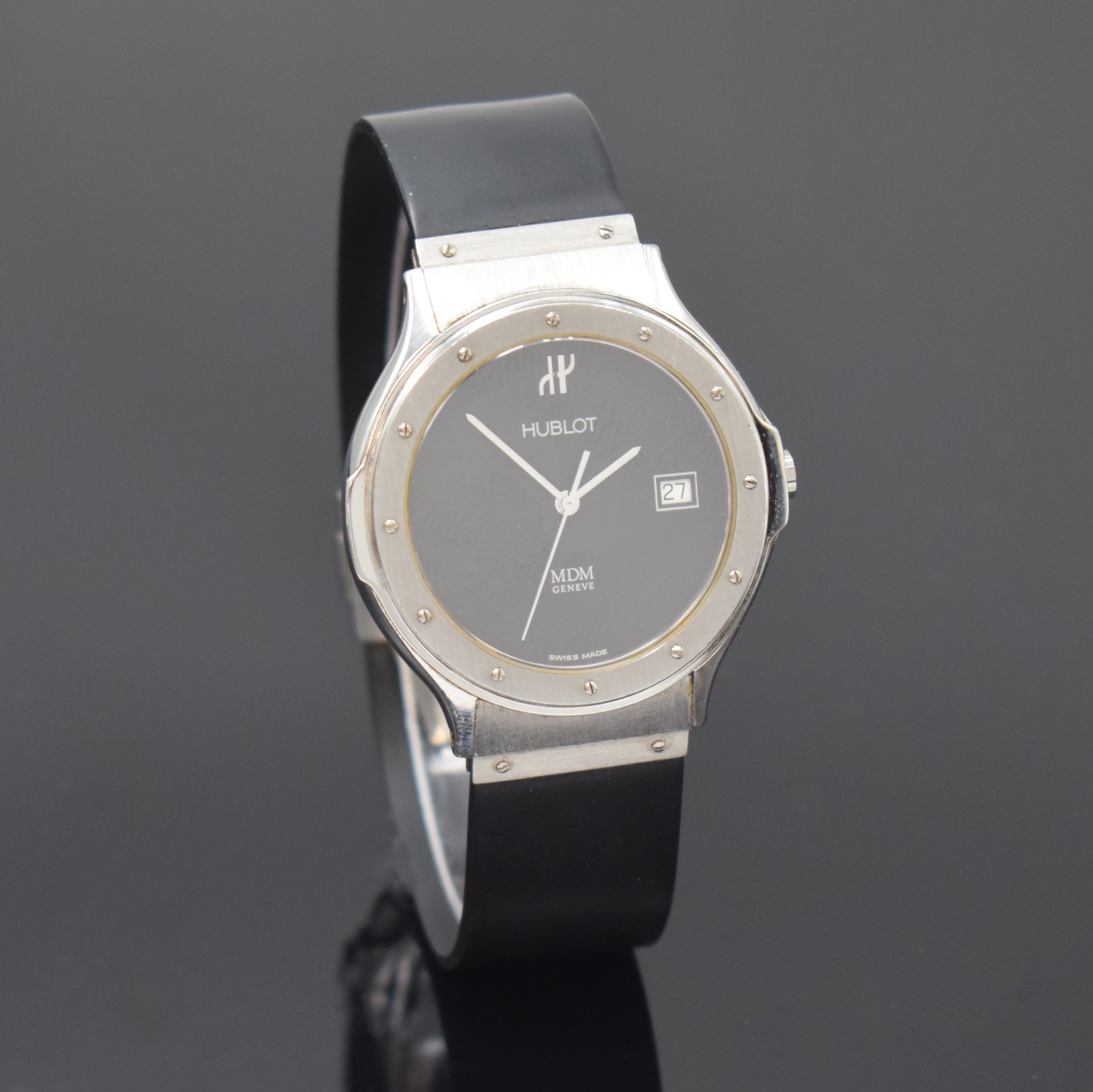 Detail b: HUBLOT MDM Herrenarmbanduhr Referenz 1521.1, Schweiz um 1992, quarz, Edelstahlgeh. inkl. Kautschukband m. dopp. Faltschl., Boden 6-fach verschr., ...