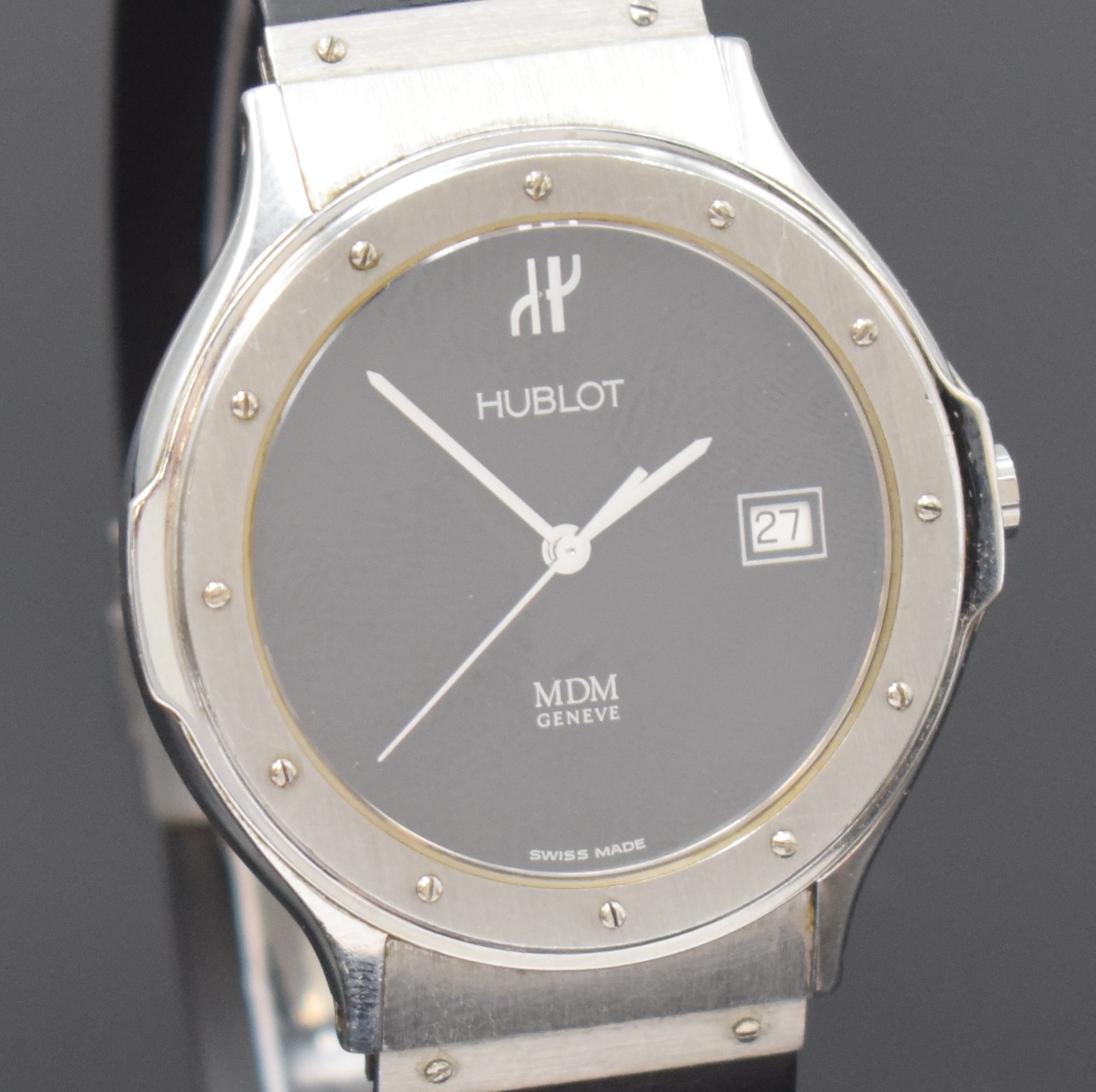 Detail c: HUBLOT MDM Herrenarmbanduhr Referenz 1521.1, Schweiz um 1992, quarz, Edelstahlgeh. inkl. Kautschukband m. dopp. Faltschl., Boden 6-fach verschr., ...