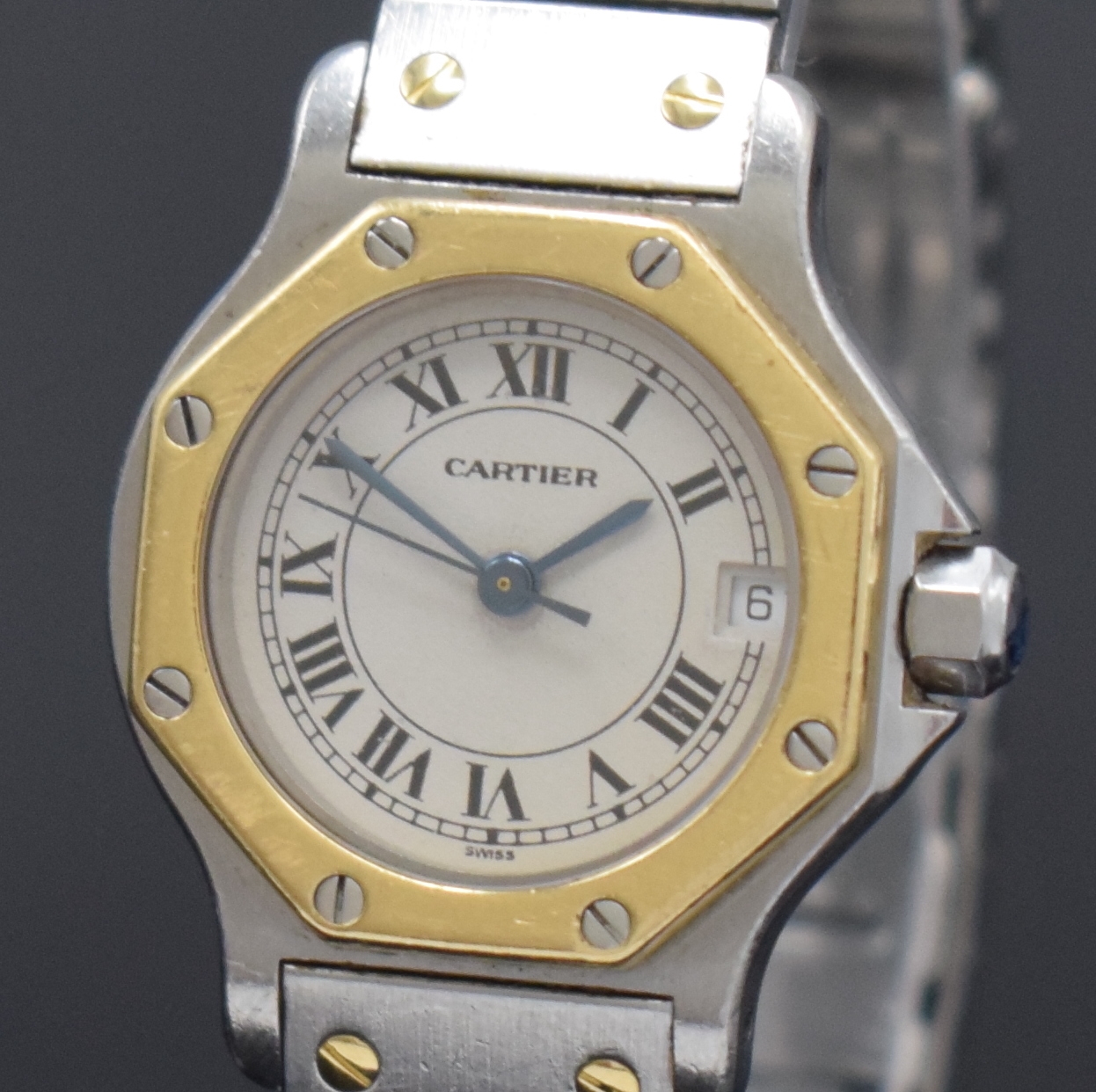 Detail a: CARTIER Damenarmbanduhr Santos Ronde Referenz 187903, Schweiz um 1990, Edelstahl/Gold kombiniert inkl. Gliederband m. Faltschl., quarz, Boden 4-fach ...