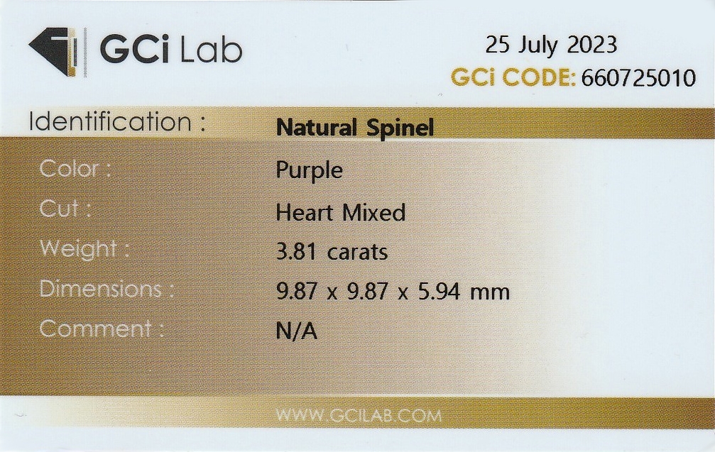 Detail b: Loser natürlicher Spinel, ca. 3.81 ct, facett.Herz, mit GCi Lab Zertifikat