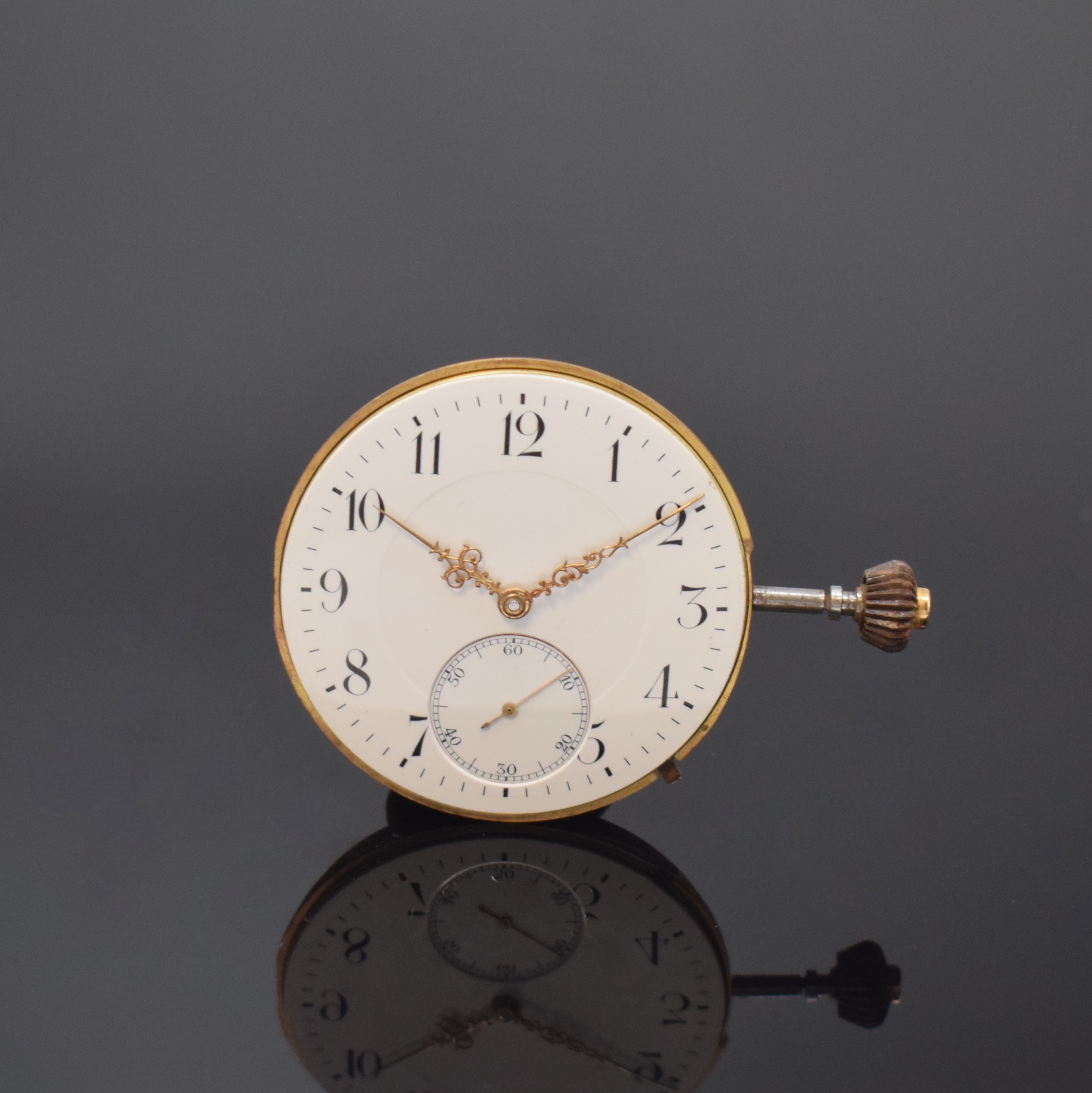 Detail a: IWC Taschenuhrwerk Kaliber 53, Schweiz um 1912, Emailzifferbl. m. arab. Zahlen, gold. Zeiger, kl. Sek., verg. Ankerwerk, Komp.-Unr. m. gebl. ...