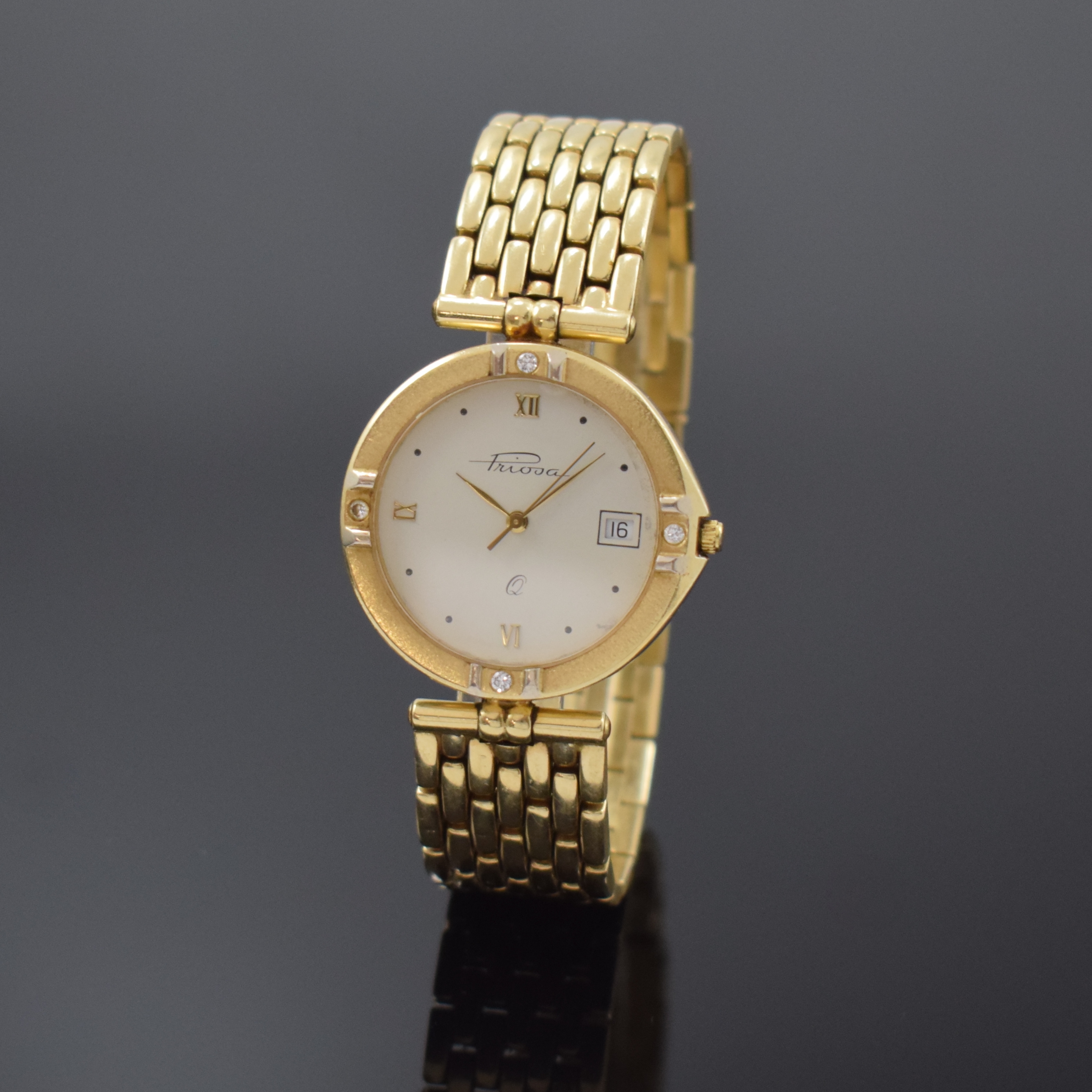 PRIOSA Armbanduhr in GG 585/000 mit Diamanten, Schweiz um 1975, quarz, Goldband, Boden gedr., Lünette m. 4 Diamanten bes., cremefarb. Zifferbl. m. ...