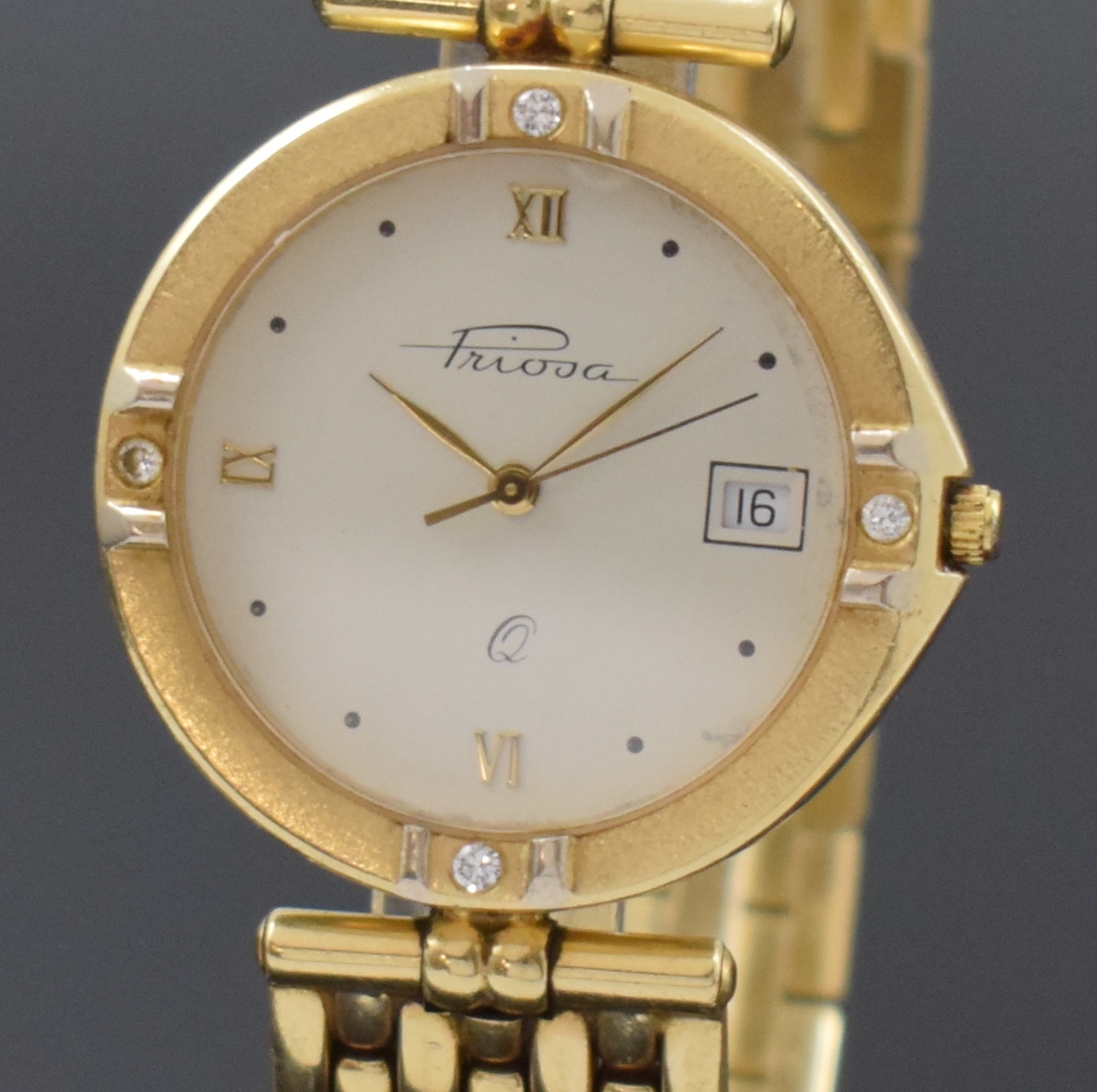 Detail a: PRIOSA Armbanduhr in GG 585/000 mit Diamanten, Schweiz um 1975, quarz, Goldband, Boden gedr., Lünette m. 4 Diamanten bes., cremefarb. Zifferbl. m. ...