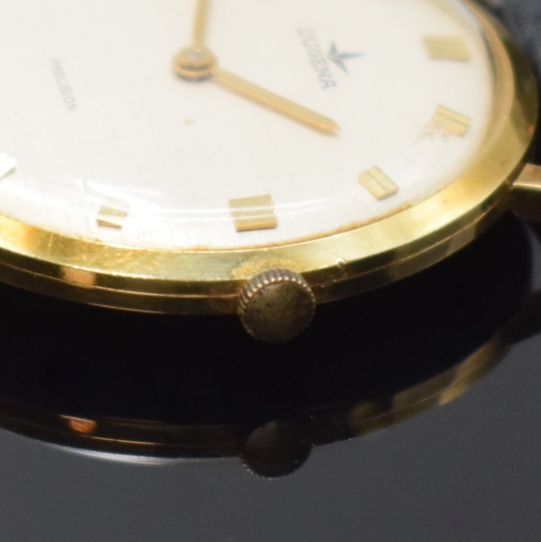 Detail b: DUGENA Precision Armbanduhr in GG 585/000, Schweiz um 1970, Handaufzug, Glasrand aufgedr., silb. Zifferbl. m. gold. Std.-Ind., gold. Zeiger, sign ...