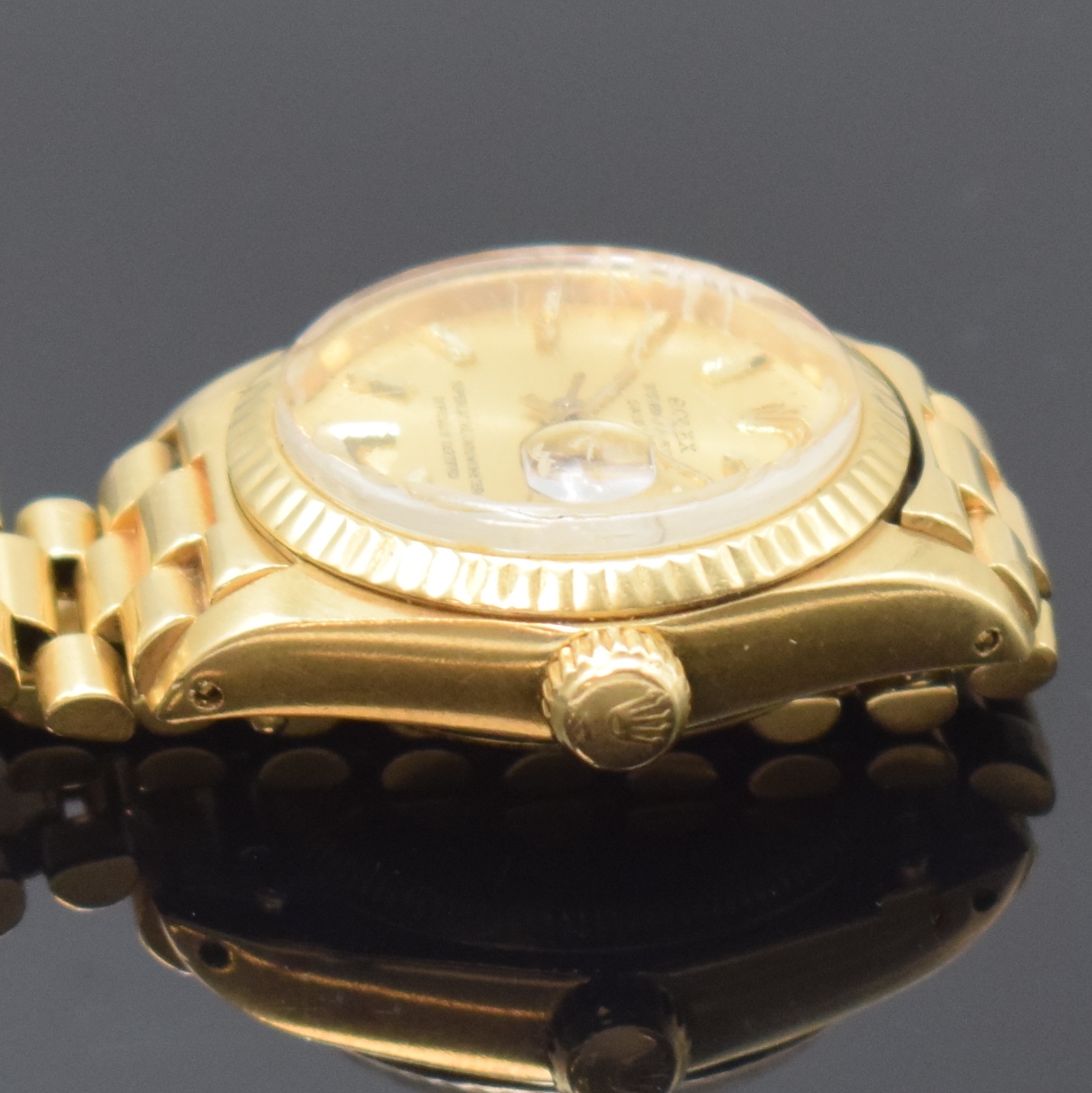 Detail c: ROLEX Damenarmbanduhr Oyster Perpetual Datejust in GG 750/000 Referenz 6917, Chronometer der Superlative, Präsidentband m. Faltschl., Boden u. Krone ...