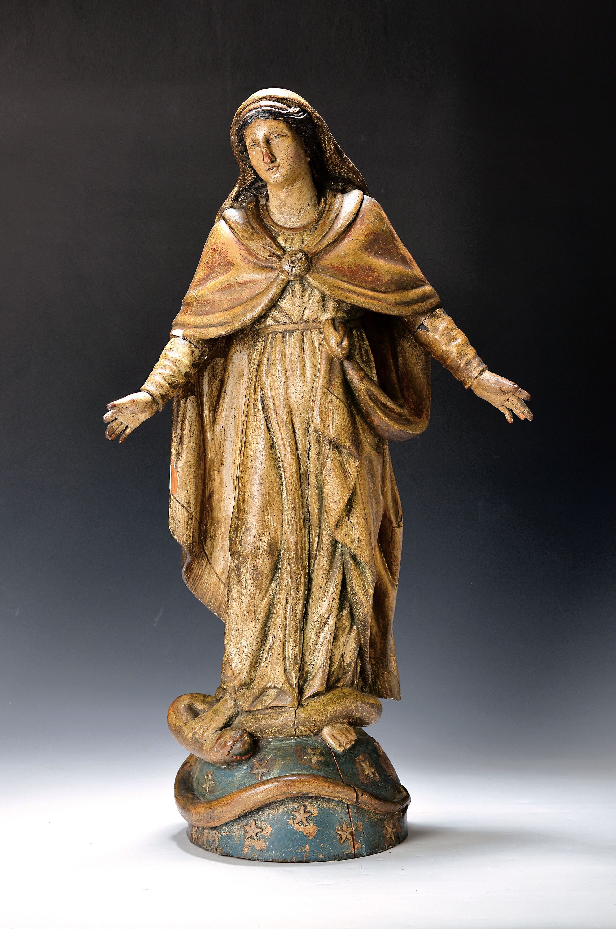 Madonna auf der Himmelskugel, süddeutsch 19. Jh., Lindenholz geschnitzt, Kugel von Schlange umwunden, H. ca. 75cm