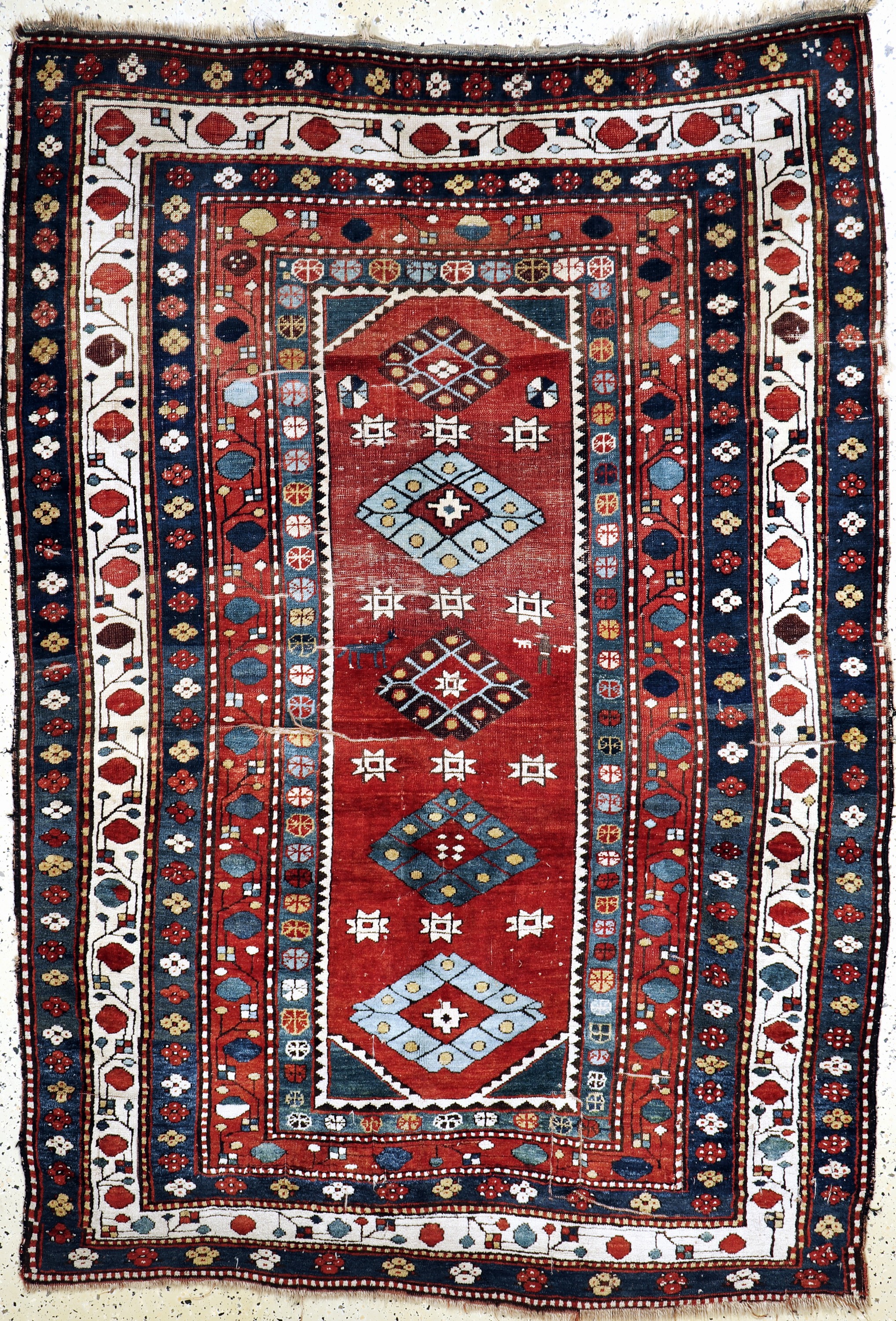Antiker Kazak, Kaukasus, 19.Jhd, Wolle auf Wolle, ca. 225 x 160 cm, EHZ: 3-4(Trittfalten).