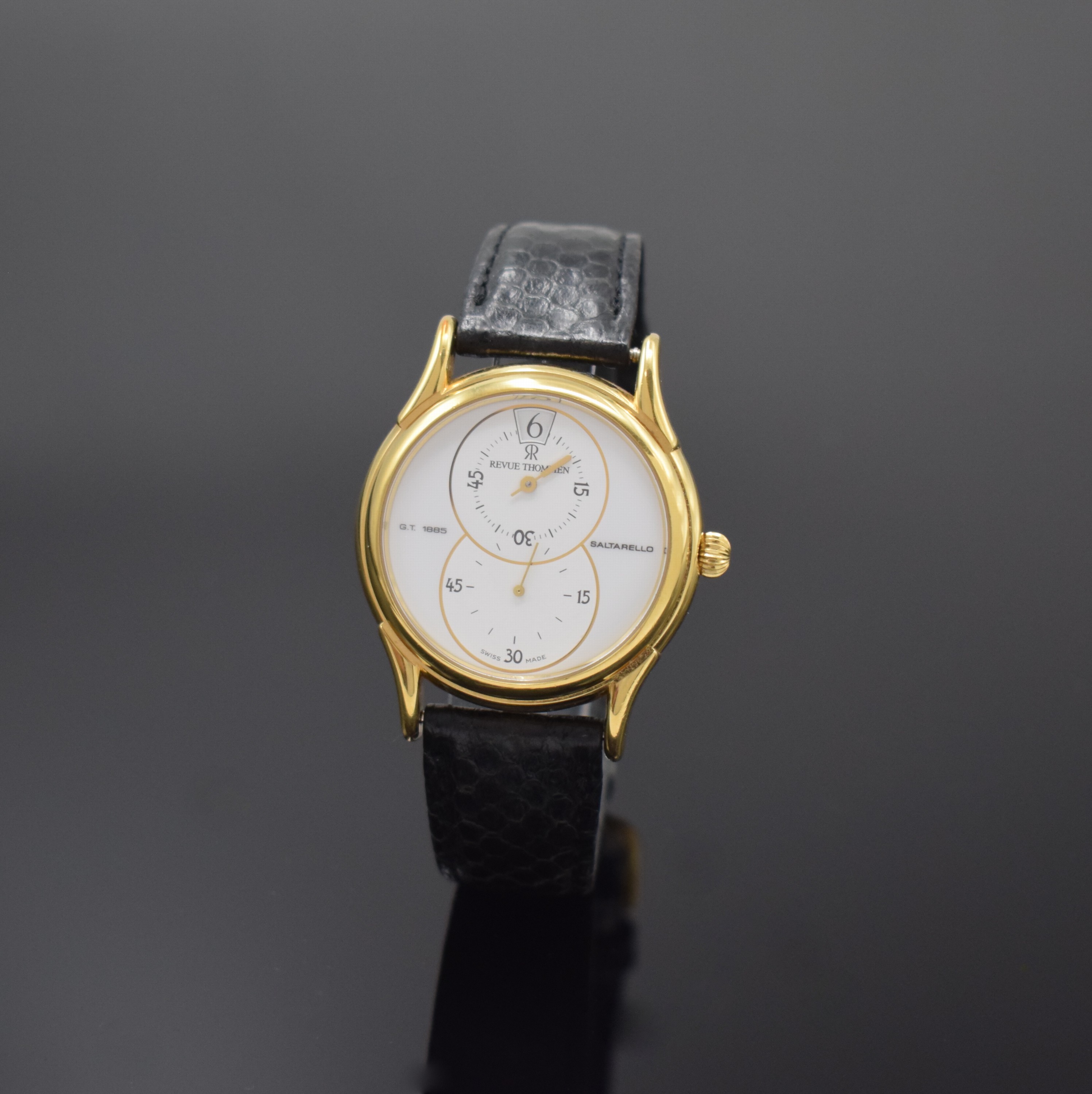 REVUE THOMMEN Armbanduhr Saltarello Referenz 5222001, Schweiz um 1995, Handaufzug, verg. Geh. inkl. orig. Lederband m. orig. Dornschl., ...
