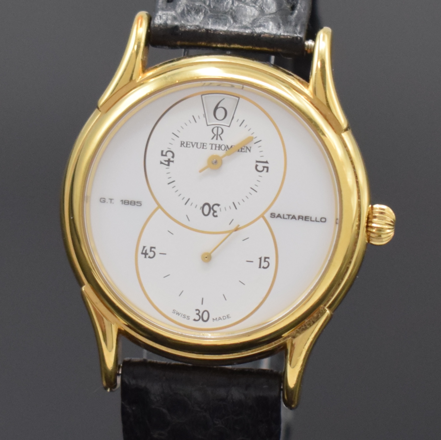 Detail a: REVUE THOMMEN Armbanduhr Saltarello Referenz 5222001, Schweiz um 1995, Handaufzug, verg. Geh. inkl. orig. Lederband m. orig. Dornschl., ...