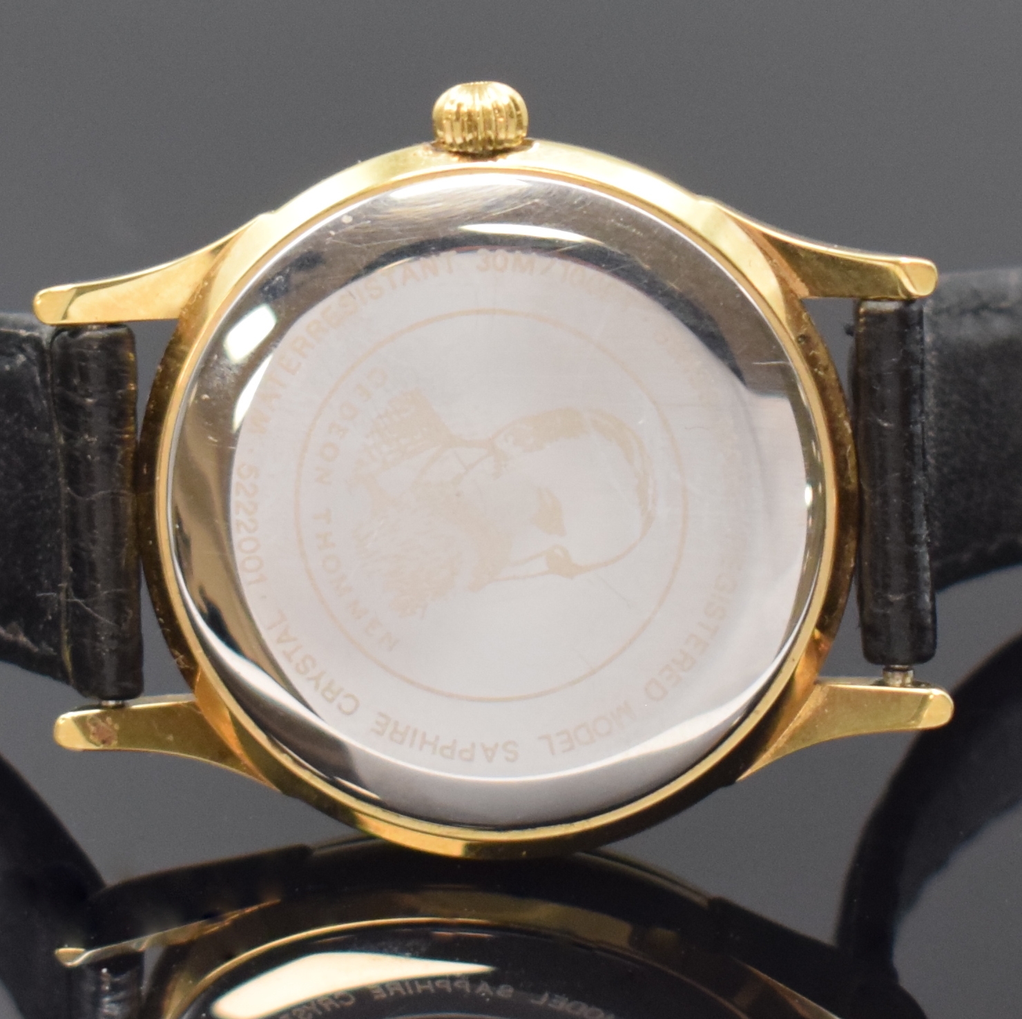 Detail d: REVUE THOMMEN Armbanduhr Saltarello Referenz 5222001, Schweiz um 1995, Handaufzug, verg. Geh. inkl. orig. Lederband m. orig. Dornschl., ...