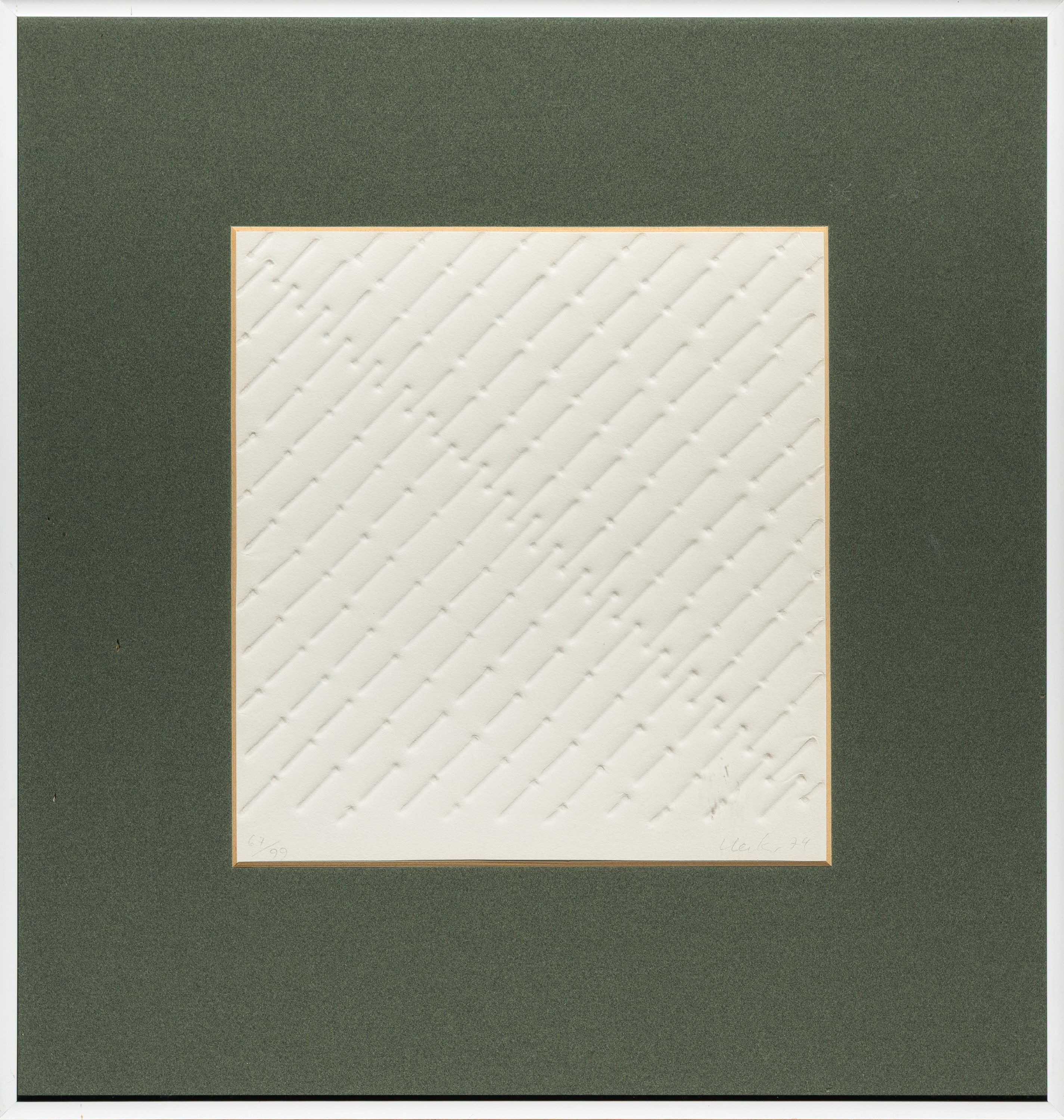Detail k: Günther Uecker, geb. 1930, Nagelrelief, Prägedruck, sign. und dat. 74, num. 67/99, ca. 24x22cm, PP, u.Gl., R. ca. 42x40cm
