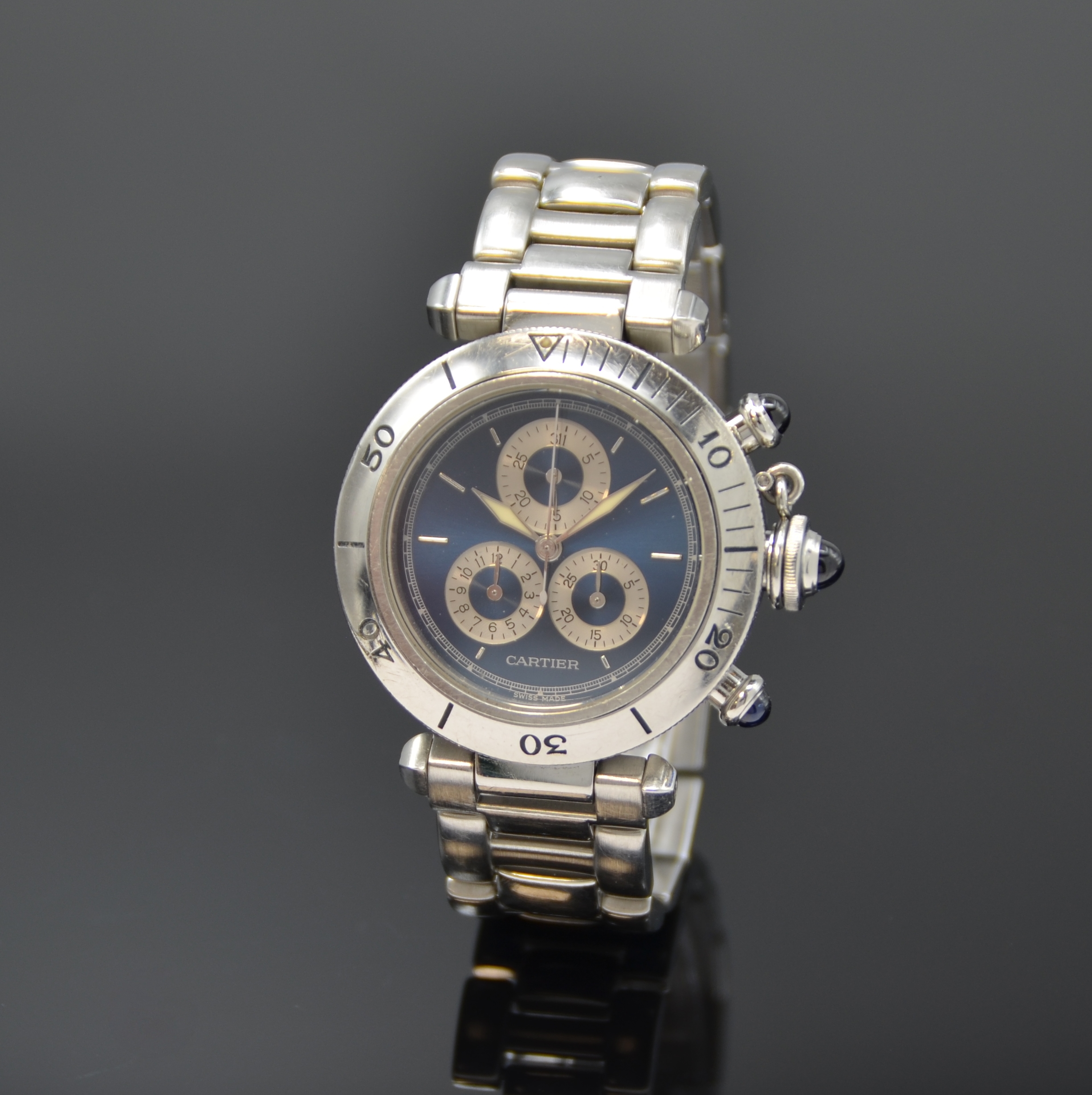 CARTIER Pasha Armbandchronograph Referenz 1352 1, Schweiz um 1999, quarz, Edelstahlgeh. inkl. Gliederband m. dopp. Faltschl., Boden 8-fach verschr., ...