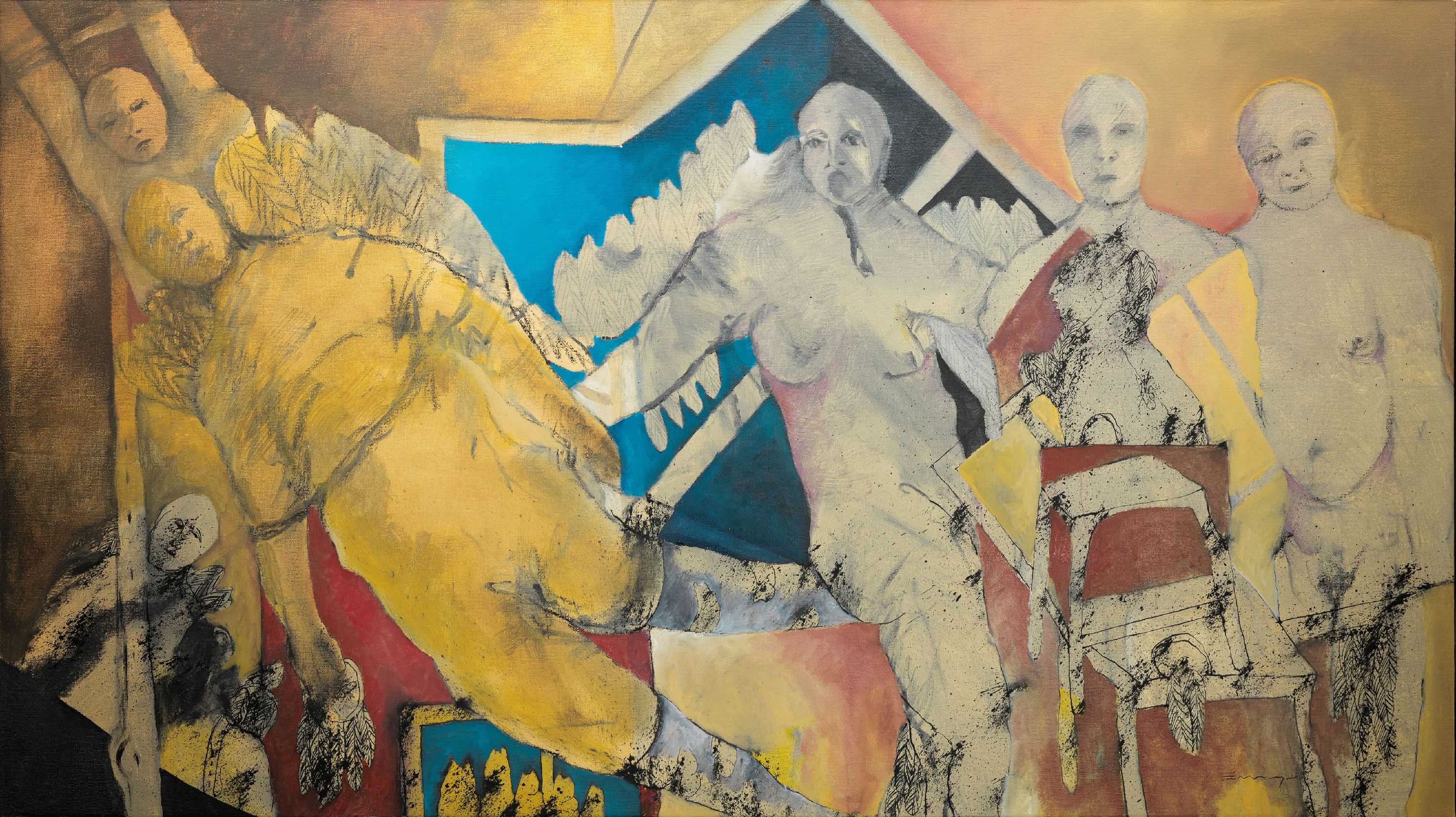 Enrique Lopez, Ohne Titel, Mischtechnik auf Lwd, Tusche und Öl, rechts unten sign., ca. 87x155cm, Rahmen mit Schattenfuge