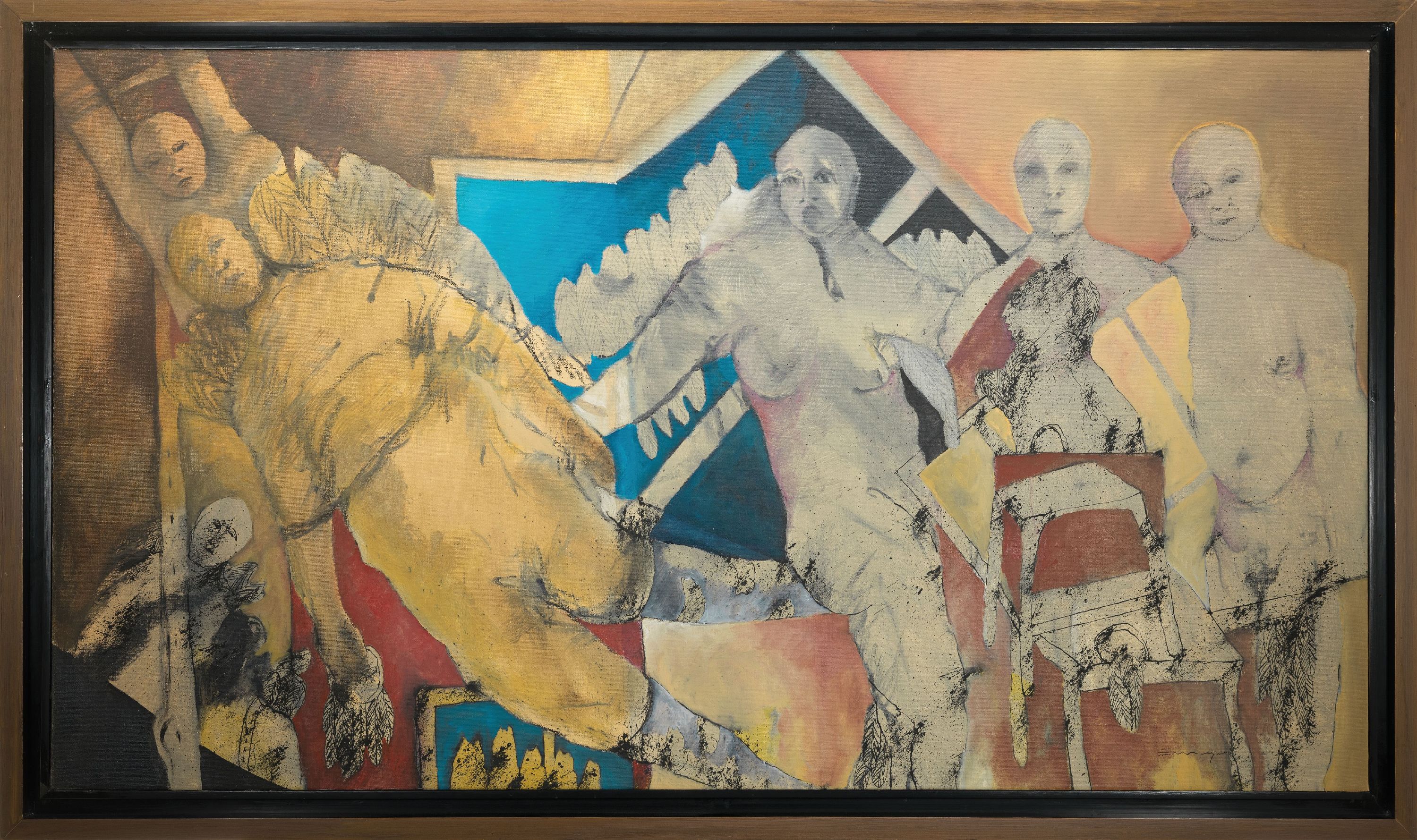 Detail k: Enrique Lopez, Ohne Titel, Mischtechnik auf Lwd, Tusche und Öl, rechts unten sign., ca. 87x155cm, Rahmen mit Schattenfuge