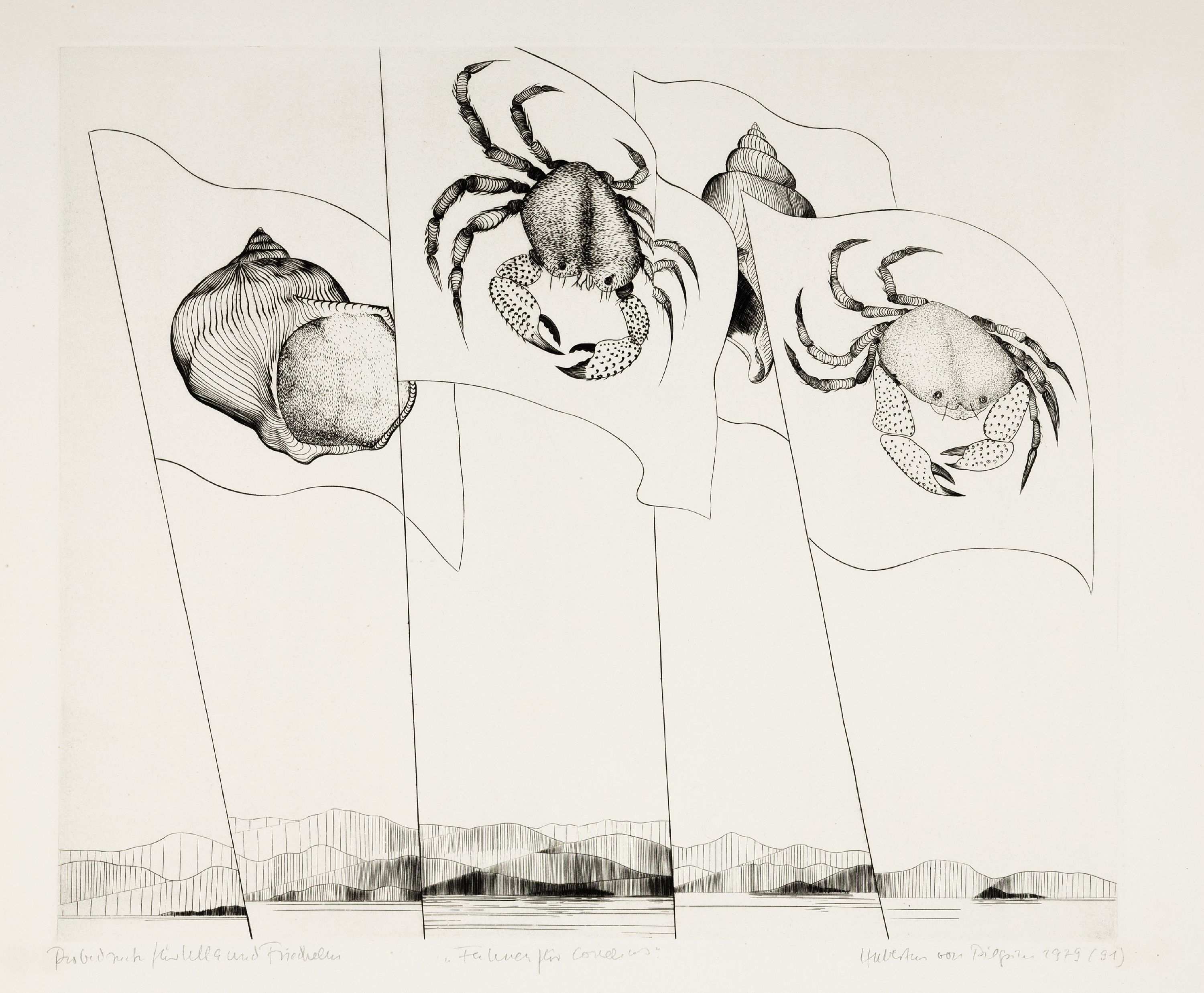 Detail b: Hubertus von Pilgrim, 1931 Berlin, 5 Kupferstiche aus den 60-80er Jahren "Grillen, dat. 1962, ca. 53 x 76 cm, " Speculum mundi", dat. ...