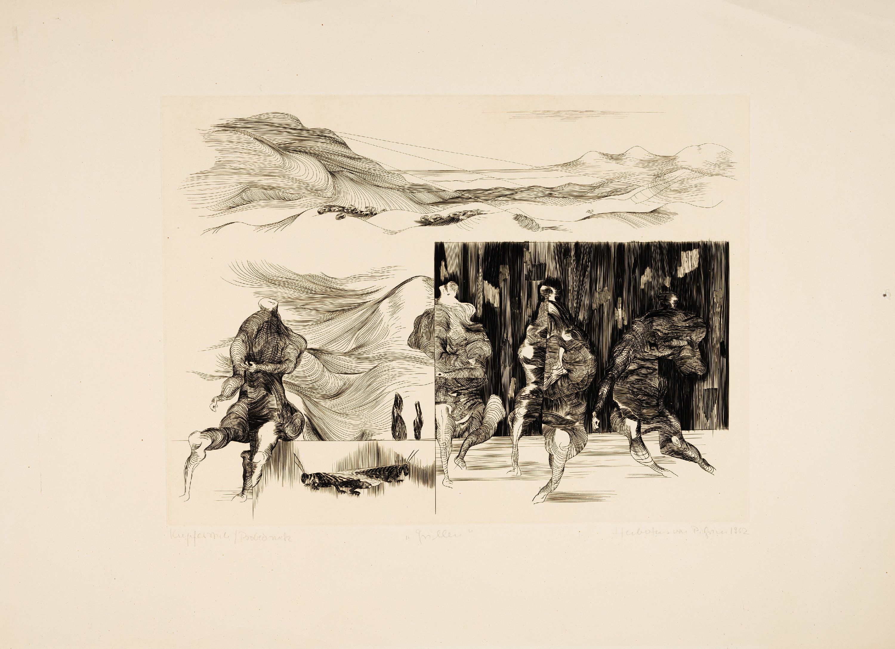 Detail k: Hubertus von Pilgrim, 1931 Berlin, 5 Kupferstiche aus den 60-80er Jahren "Grillen, dat. 1962, ca. 53 x 76 cm, " Speculum mundi", dat. ...