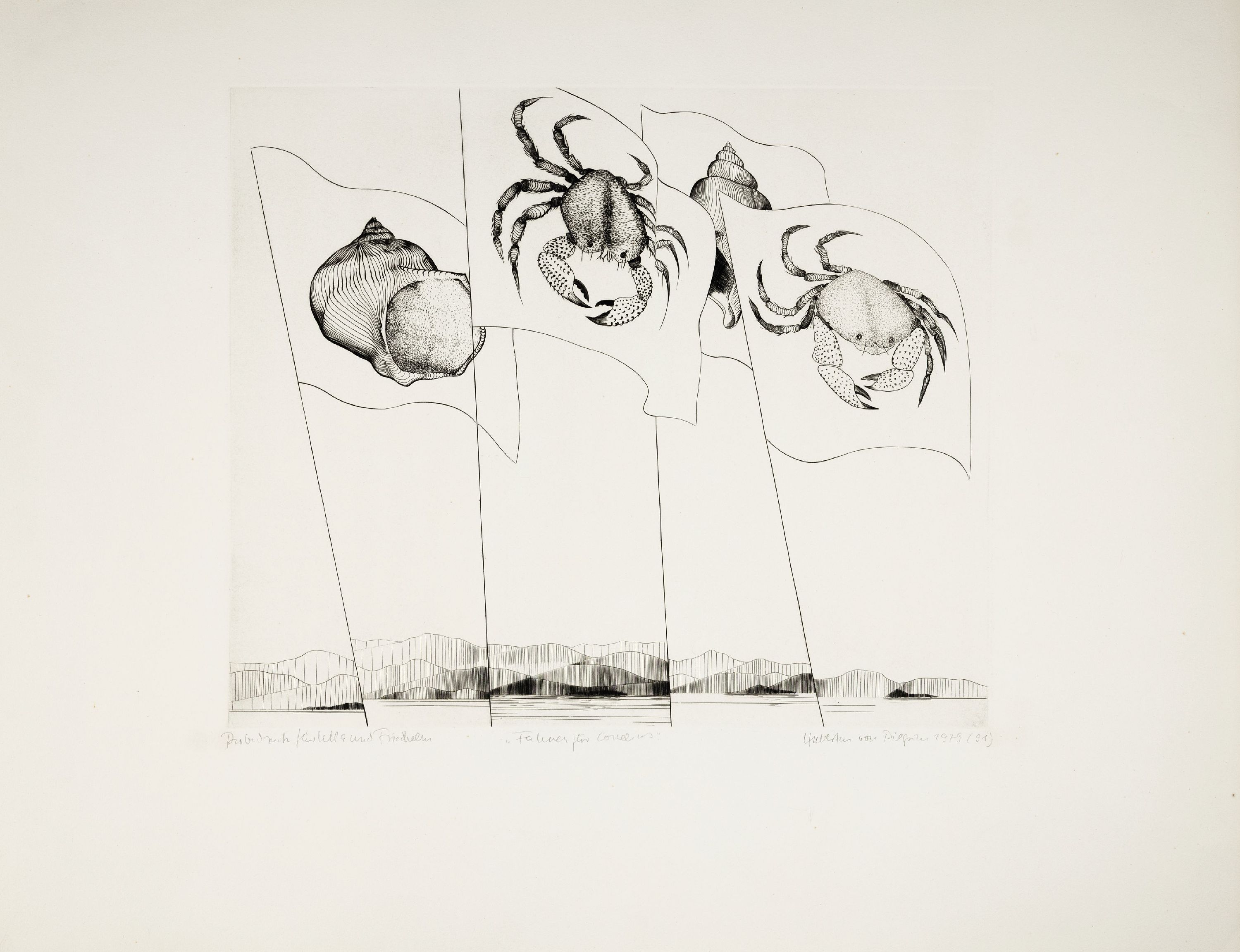 Detail m: Hubertus von Pilgrim, 1931 Berlin, 5 Kupferstiche aus den 60-80er Jahren "Grillen, dat. 1962, ca. 53 x 76 cm, " Speculum mundi", dat. ...