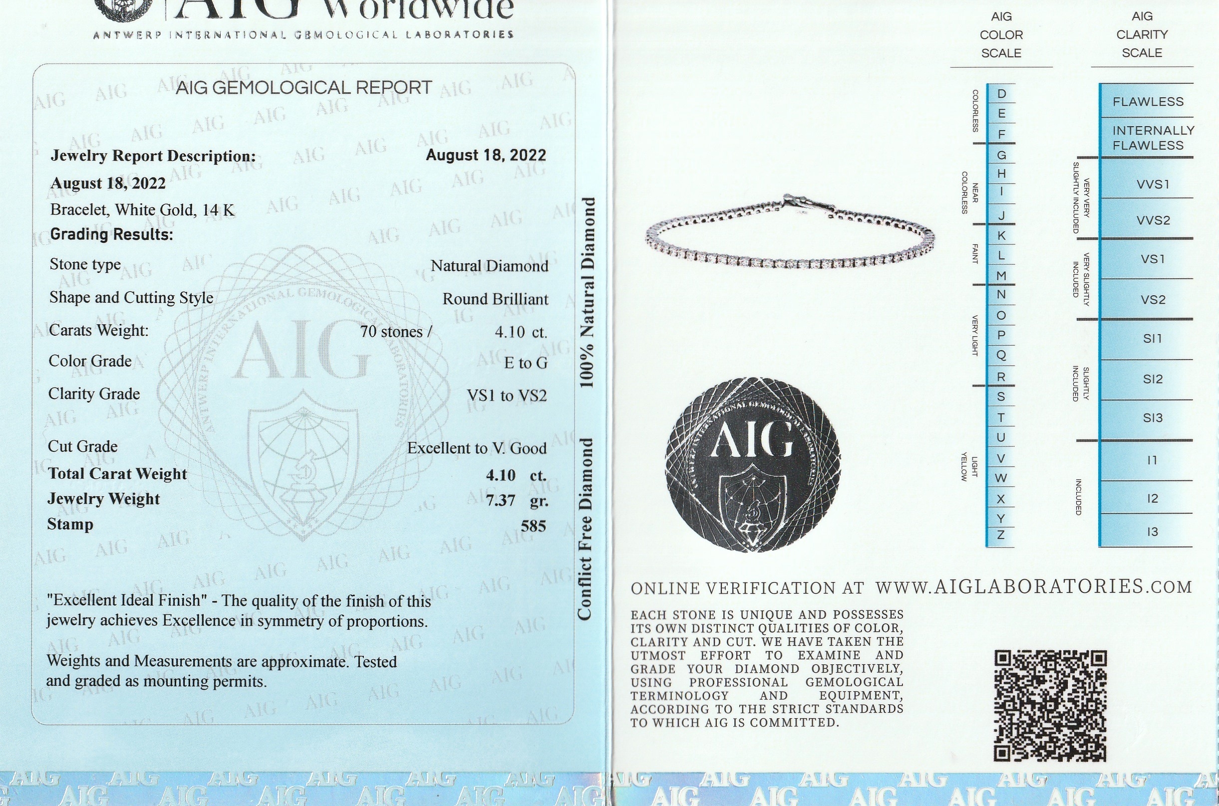 Detail a: 14 kt Gold Brillant-Armband, WG 585/000, 70 Brillanten zus. ca. 4.10 ct feines Weiß- l.get.Weiß/vs1-2, L. ca. 18.5 cm, Kastenschloss mit ...