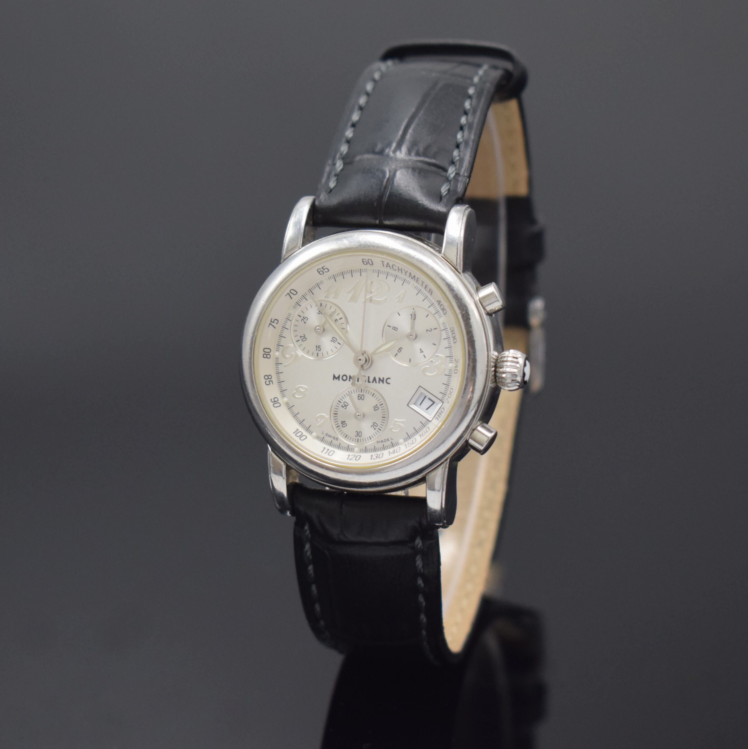 MONTBLANC Damenchronograph Serie Meisterstück Referenz 7039, Schweiz um 2005, quarz, Edelstahlgeh., Boden u. Glasrand aufgedr., silb. Zifferbl. m. ...