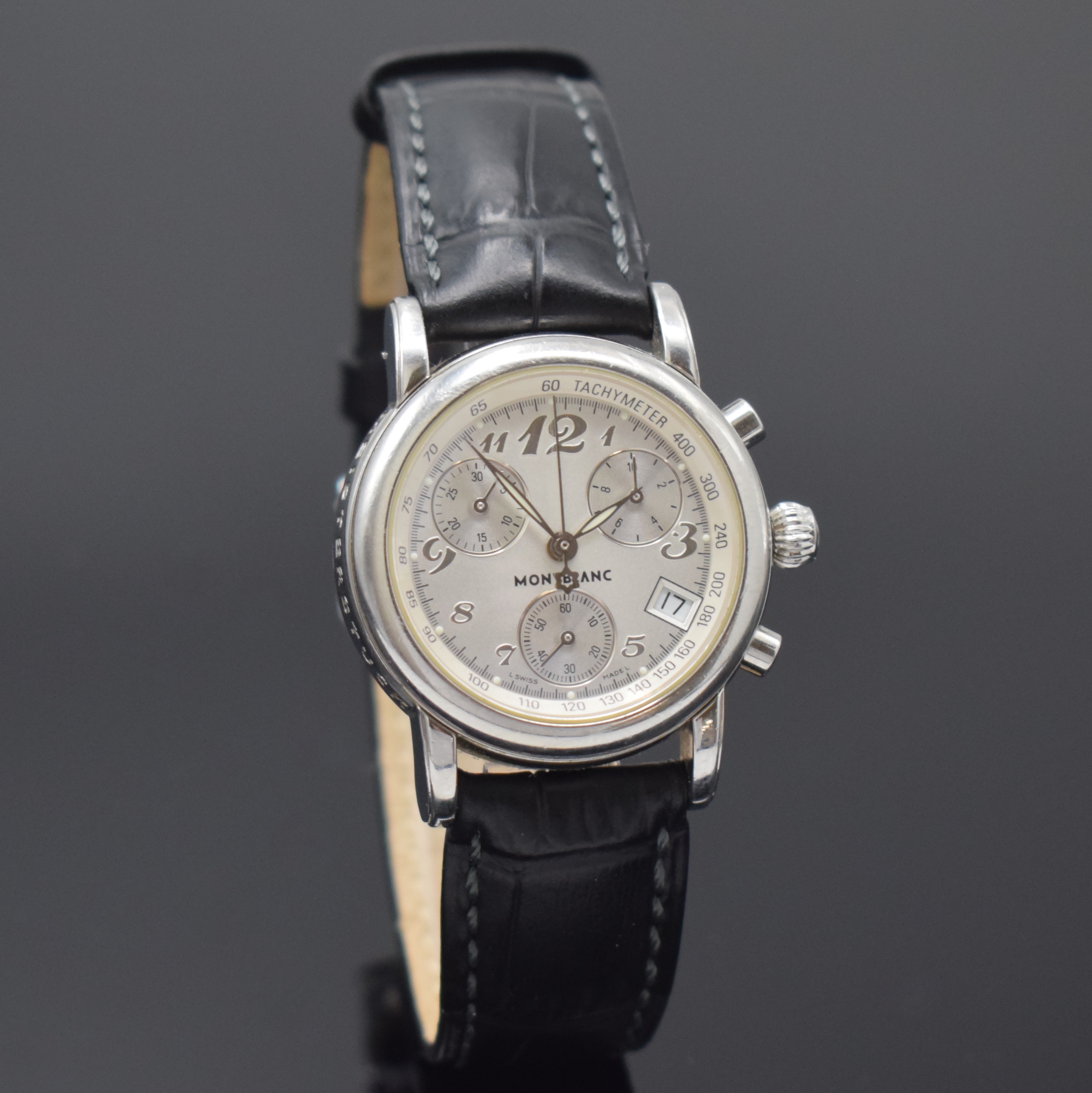 Detail b: MONTBLANC Damenchronograph Serie Meisterstück Referenz 7039, Schweiz um 2005, quarz, Edelstahlgeh., Boden u. Glasrand aufgedr., silb. Zifferbl. m. ...