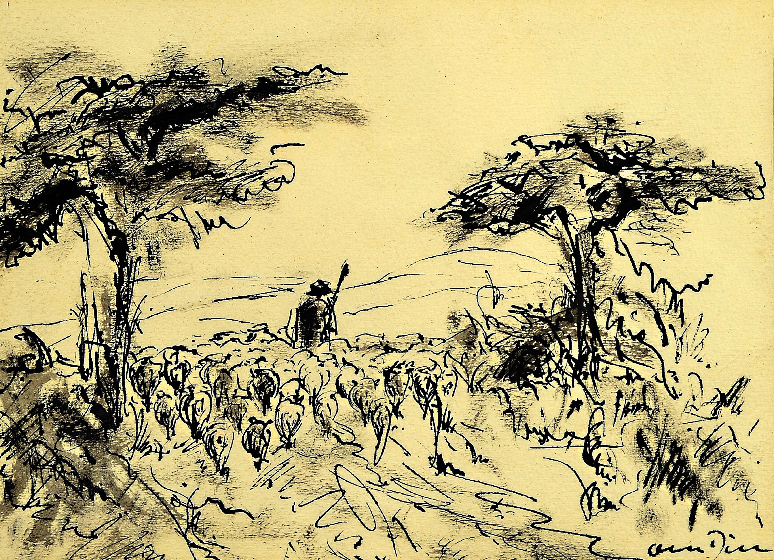 Otto Dill, 1884 Neustadt a.d.Weinstr.-1957 Bad Dürkheim, Schäfer mit seiner Herde, Tuschfederzeichnung, rechts unten sign., ca. 16x22cm, PP, u.Gl., ...
