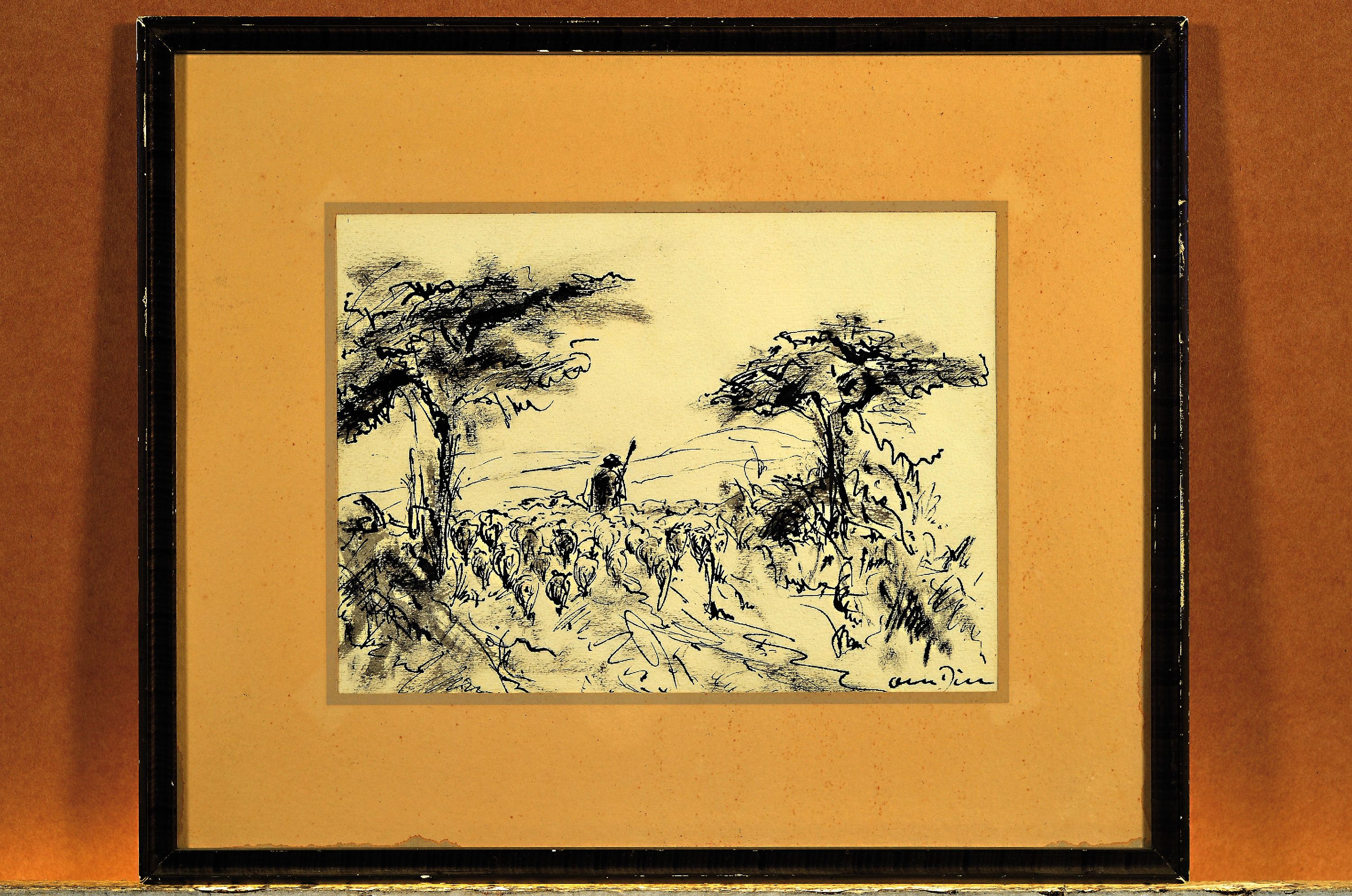 Detail k: Otto Dill, 1884 Neustadt a.d.Weinstr.-1957 Bad Dürkheim, Schäfer mit seiner Herde, Tuschfederzeichnung, rechts unten sign., ca. 16x22cm, PP, u.Gl., ...