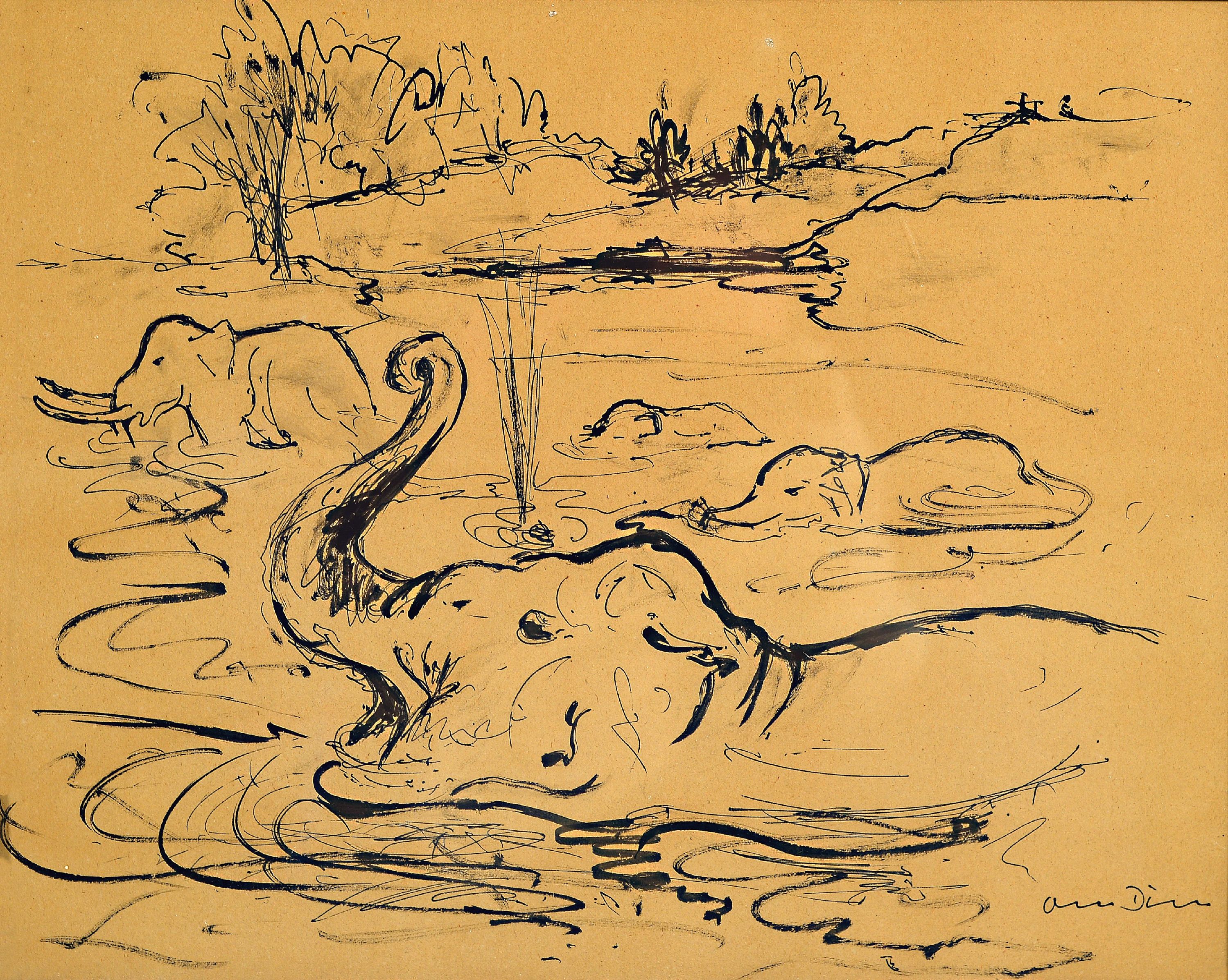 Otto Dill, 1884 Neustadt a.d.Weinstr.-1957 Bad Dürkheim, Badende Elefanten, Tuschezeichnung, rechts unten sign., ca. 23x29cm, gebräunt, u.Gl., R. ...