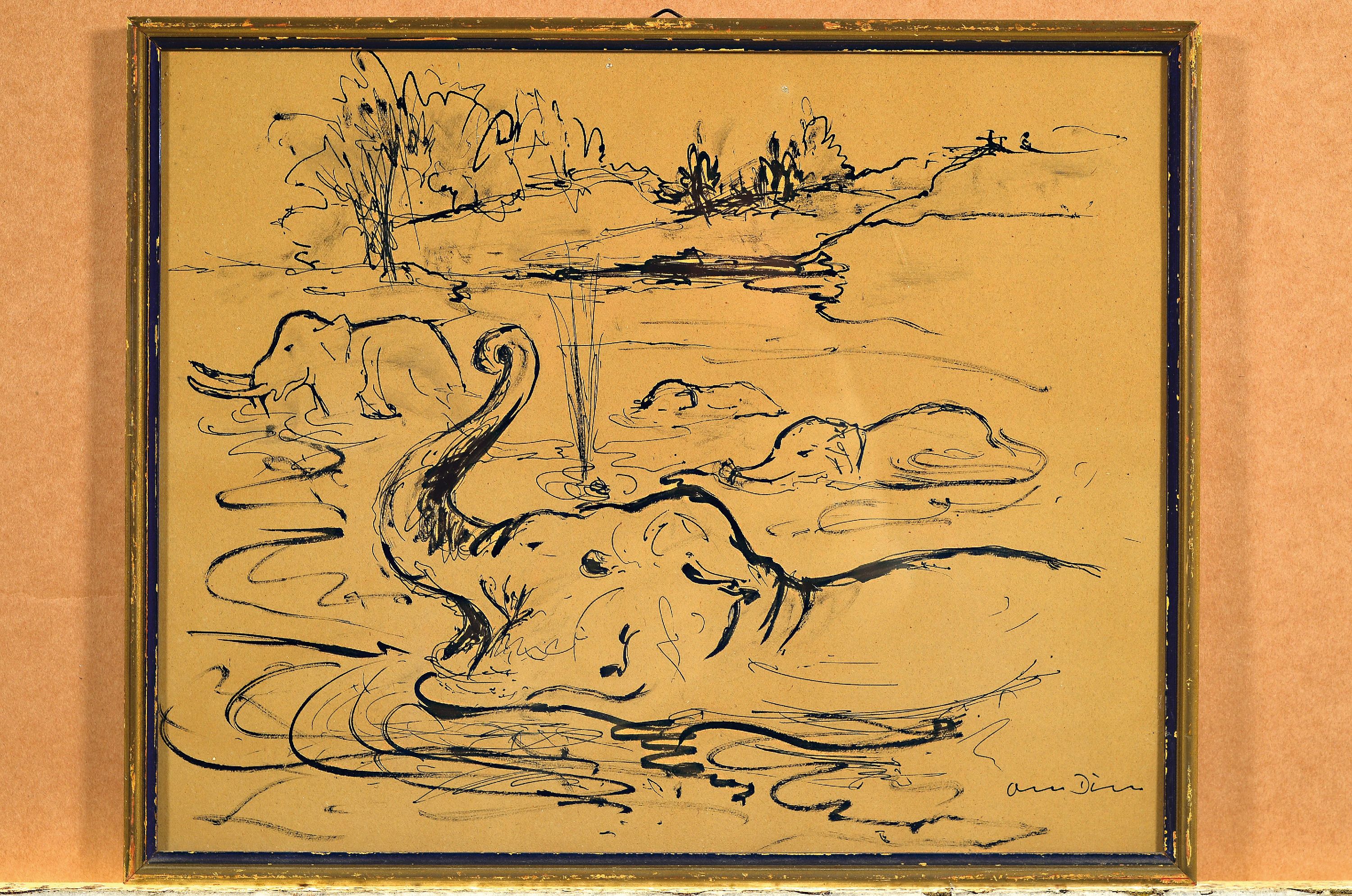 Detail k: Otto Dill, 1884 Neustadt a.d.Weinstr.-1957 Bad Dürkheim, Badende Elefanten, Tuschezeichnung, rechts unten sign., ca. 23x29cm, gebräunt, u.Gl., R. ...