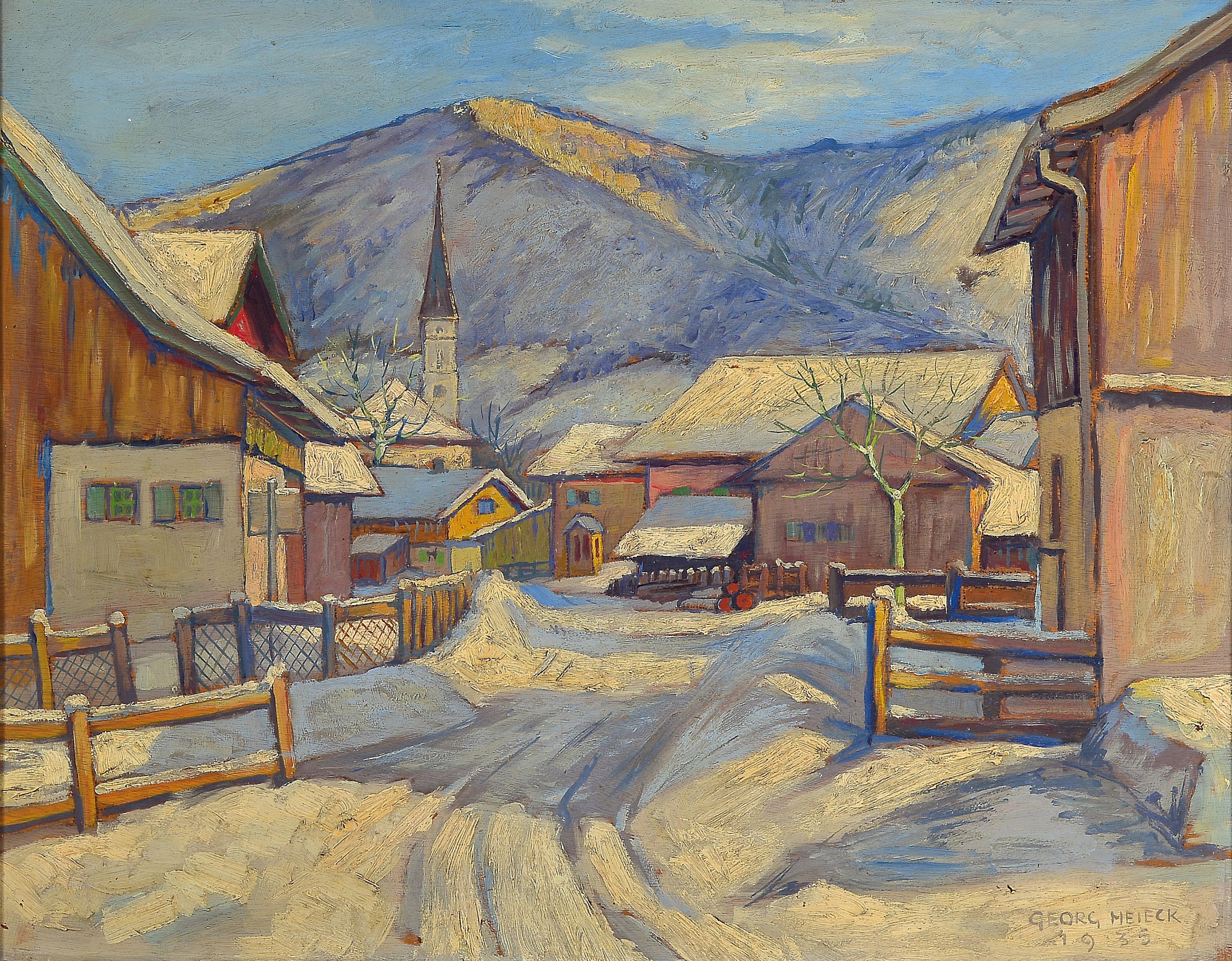 Georg Heieck, 1903 Ludwigshafen-1977 Mannheim, Blick auf ein verschneites Dorf, Öl/Holz, rechts unten sign. und dat. 1935, ca.52x64cm, R. ca. 67x80cm