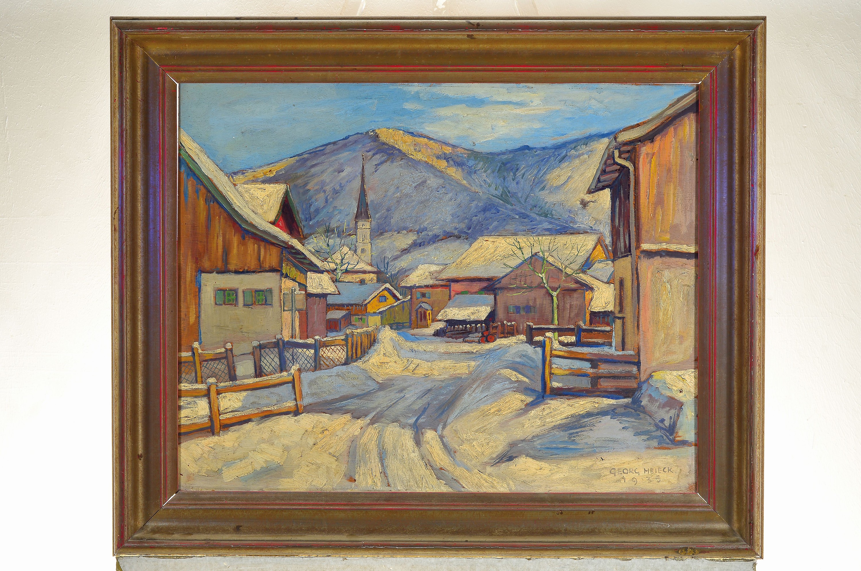 Detail k: Georg Heieck, 1903 Ludwigshafen-1977 Mannheim, Blick auf ein verschneites Dorf, Öl/Holz, rechts unten sign. und dat. 1935, ca.52x64cm, R. ca. 67x80cm