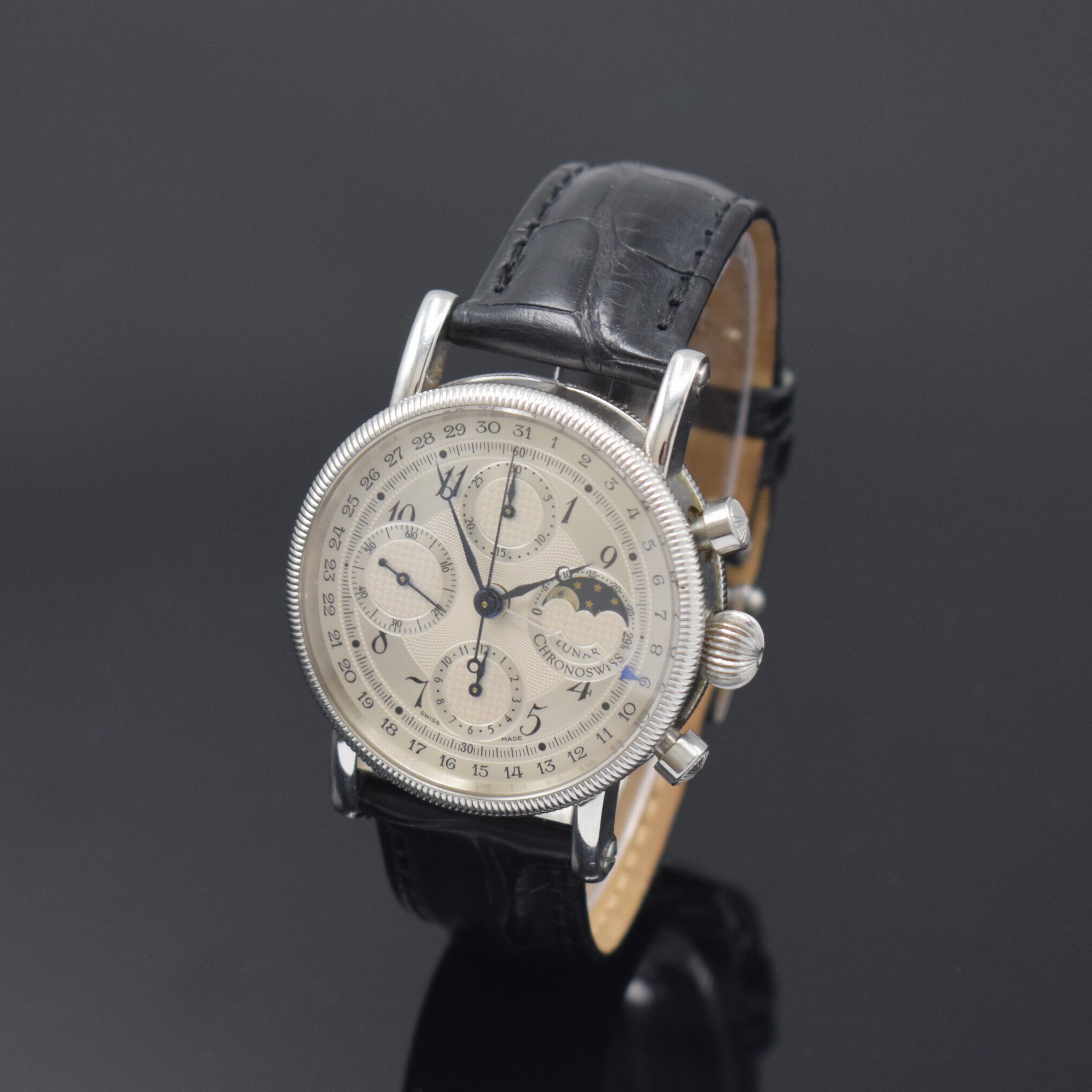 CHRONOSWISS Herrenarmbanduhr Modell Lunar Chronograph Referenz CH 7523, Schweiz um 2001, Automatik, Edelstahlgeh. inkl. Lederband m. orig. Faltschl., ...