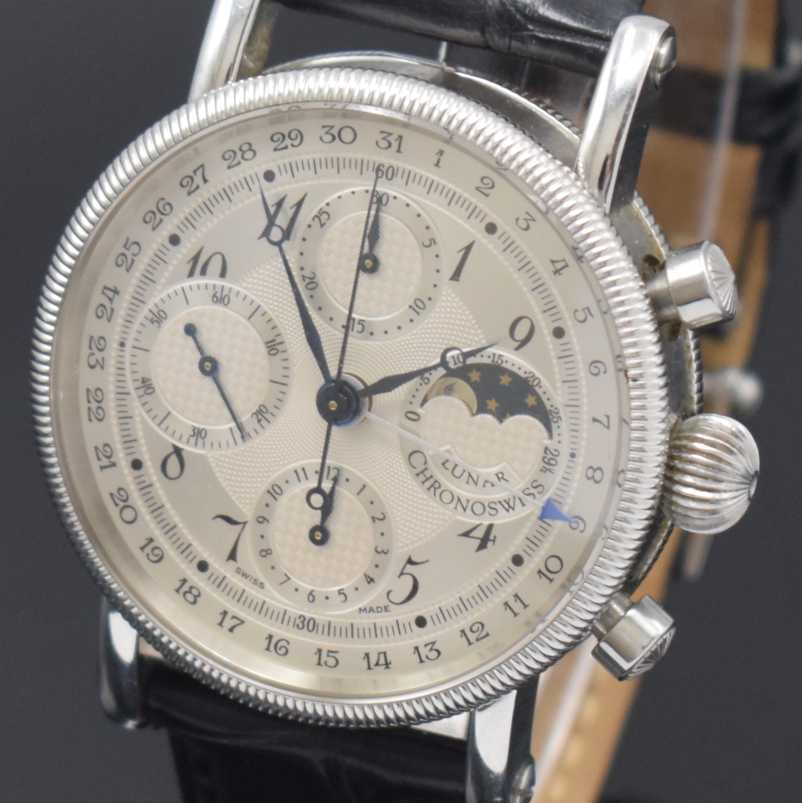 Detail a: CHRONOSWISS Herrenarmbanduhr Modell Lunar Chronograph Referenz CH 7523, Schweiz um 2001, Automatik, Edelstahlgeh. inkl. Lederband m. orig. Faltschl., ...
