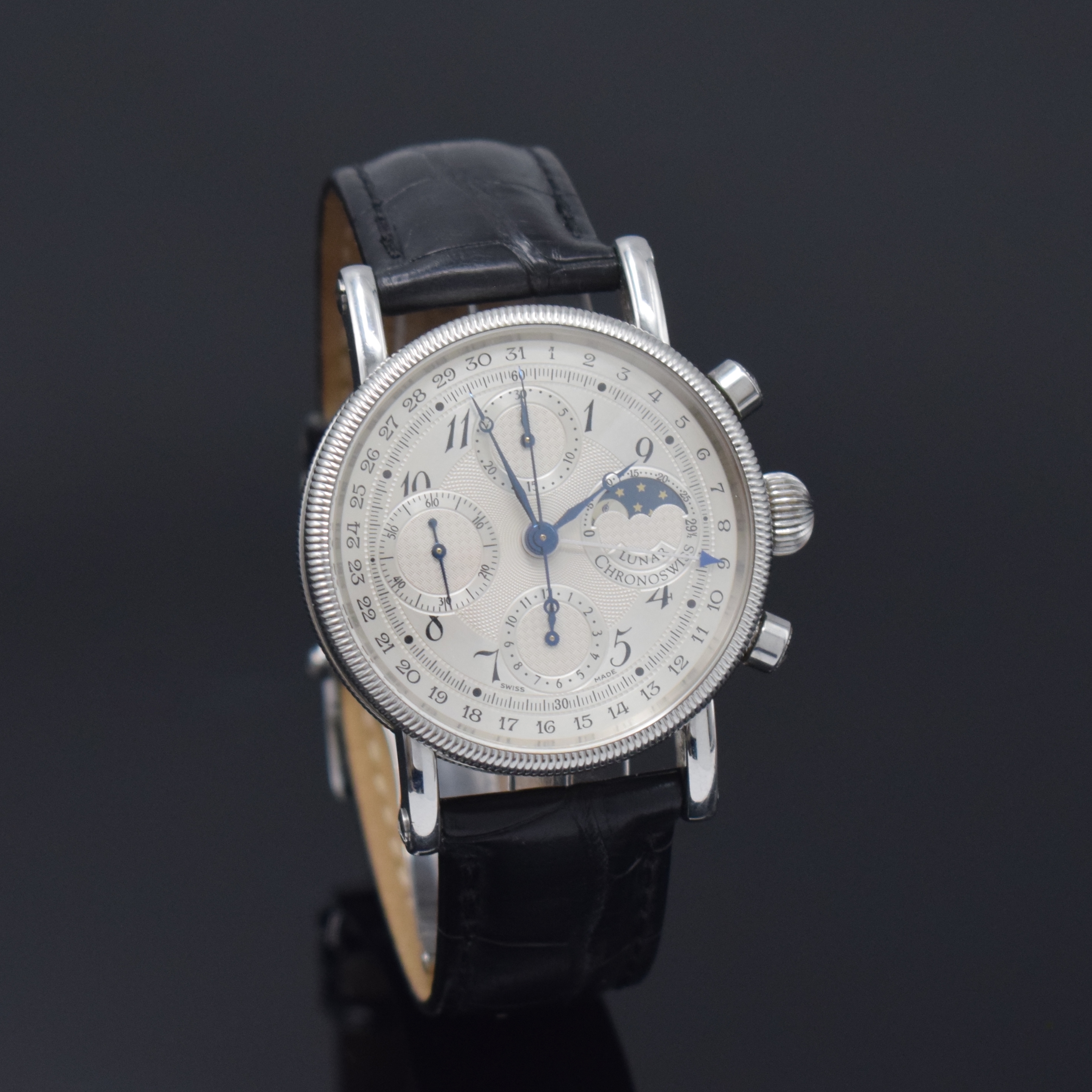 Detail b: CHRONOSWISS Herrenarmbanduhr Modell Lunar Chronograph Referenz CH 7523, Schweiz um 2001, Automatik, Edelstahlgeh. inkl. Lederband m. orig. Faltschl., ...