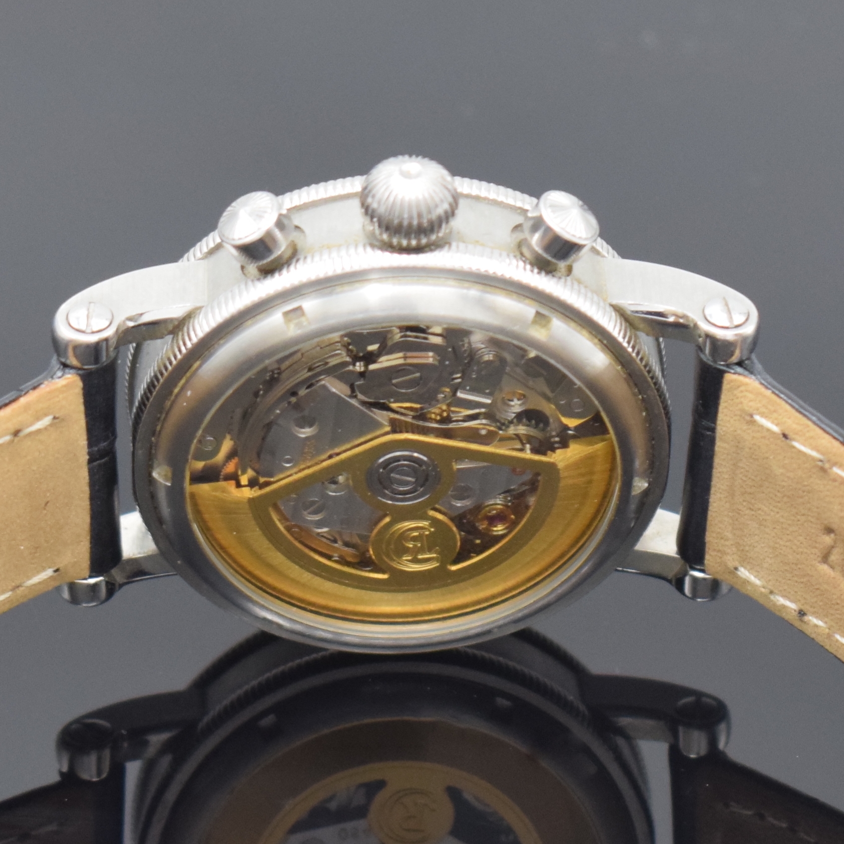 Detail f: CHRONOSWISS Herrenarmbanduhr Modell Lunar Chronograph Referenz CH 7523, Schweiz um 2001, Automatik, Edelstahlgeh. inkl. Lederband m. orig. Faltschl., ...