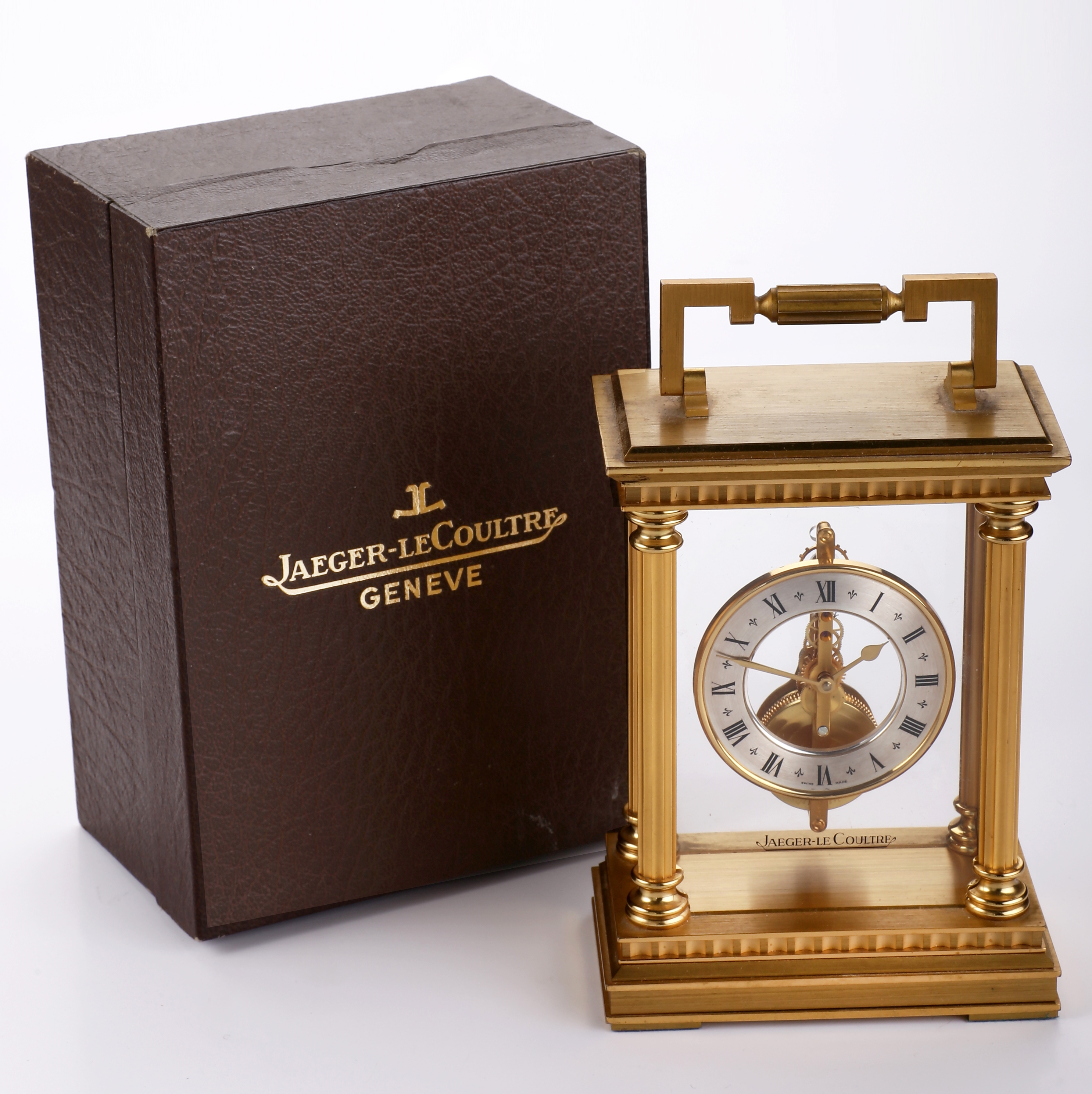 Jaeger-LeCoultre feine Tischührchen mit Stabwerk, verg. Messinggeh. zweiseitig vergl., teilw. pol., teilw. matt., silb. Ringzifferblatt m. röm. ...