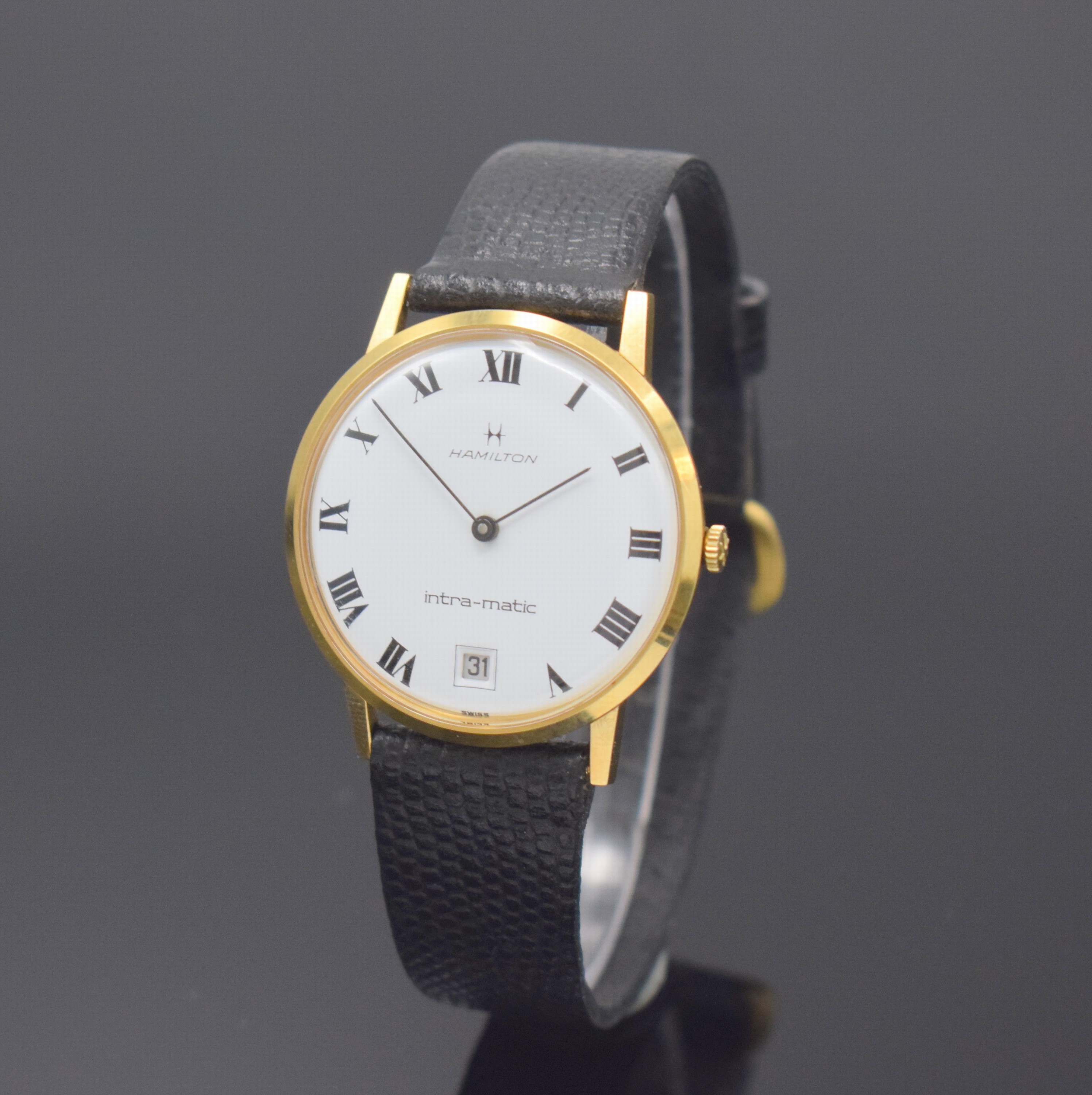HAMILTON Intra-Matic Referenz 92006-4 nahezu neuwertige Armbanduhr, Schweiz um 1965, Automatik, verg. Geh., Stahlboden aufgedr., orig. Krone, weißes ...