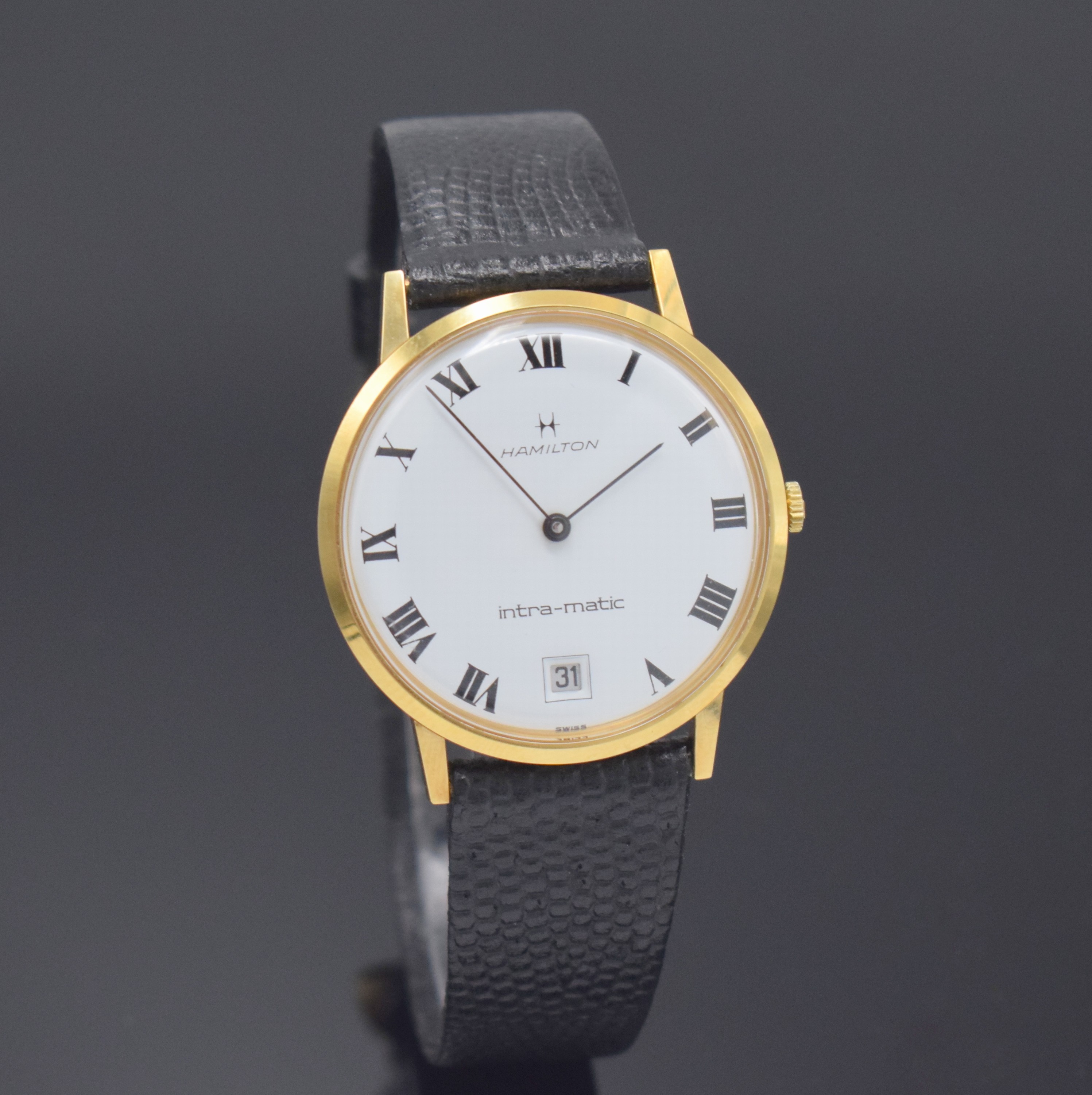 Detail b: HAMILTON Intra-Matic Referenz 92006-4 nahezu neuwertige Armbanduhr, Schweiz um 1965, Automatik, verg. Geh., Stahlboden aufgedr., orig. Krone, weißes ...